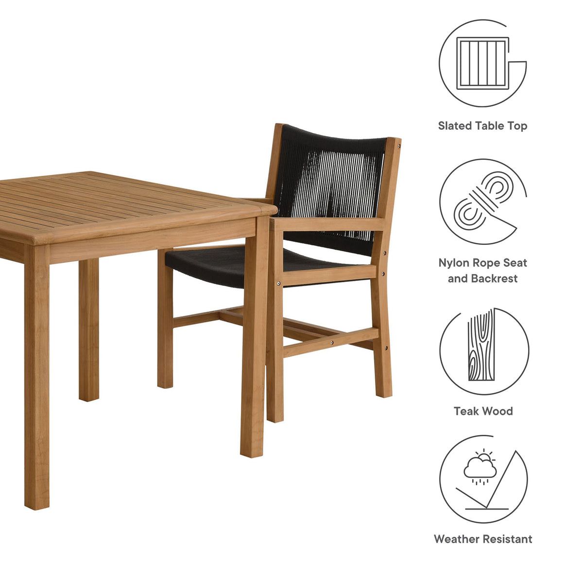 Vienna 3-Piece Outdoor Patio Teak and Rope Dining Set with Armchairs - Natural Black