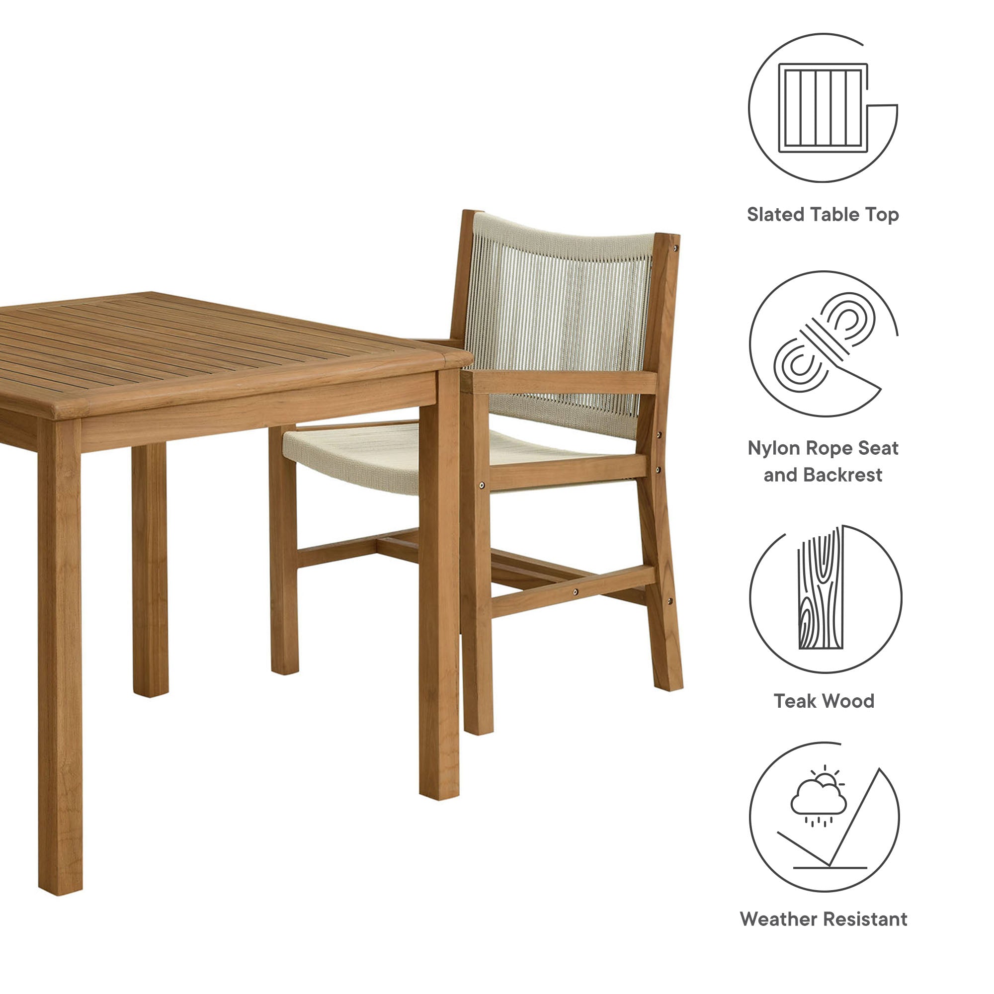 Vienna 3-Piece Outdoor Patio Teak and Rope Dining Set with Armchairs - Natural Natural