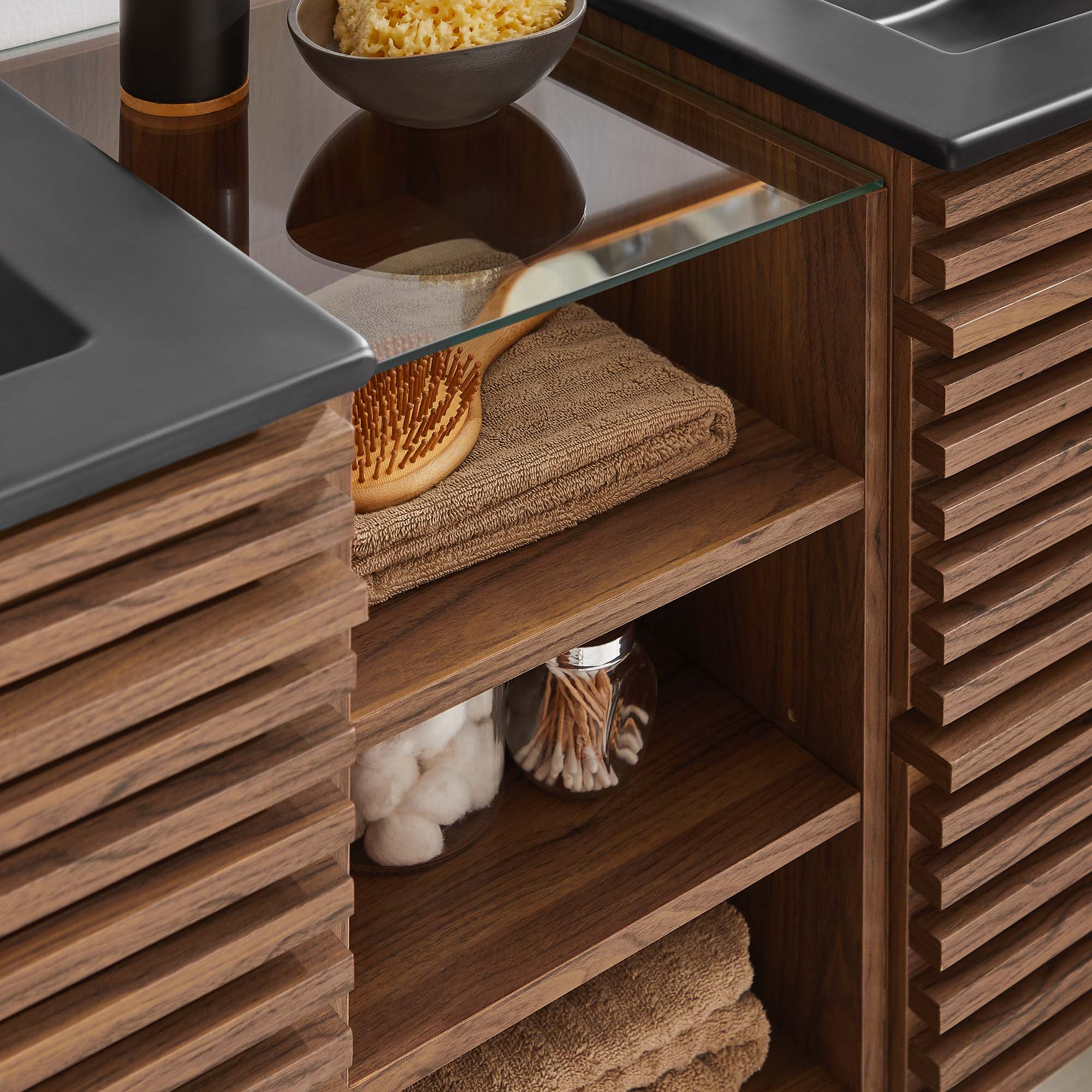 Render 62" Wall-Mount Double Sink Bathroom Vanity - Walnut Black