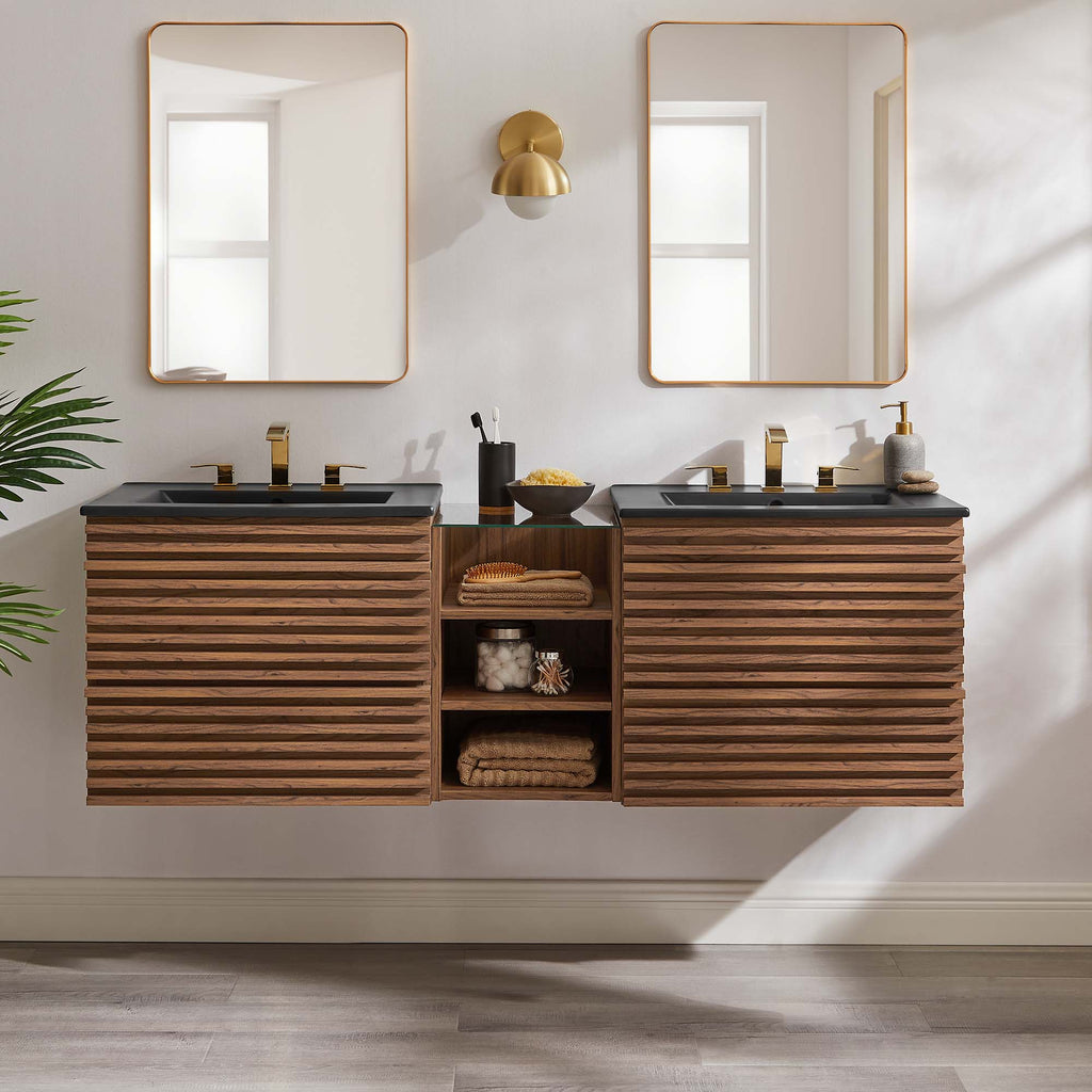 Render 62" Wall-Mount Double Sink Bathroom Vanity - Walnut Black