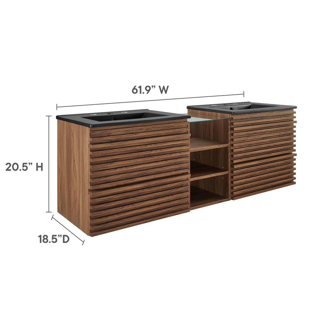 Render 62" Wall-Mount Double Sink Bathroom Vanity - Walnut Black