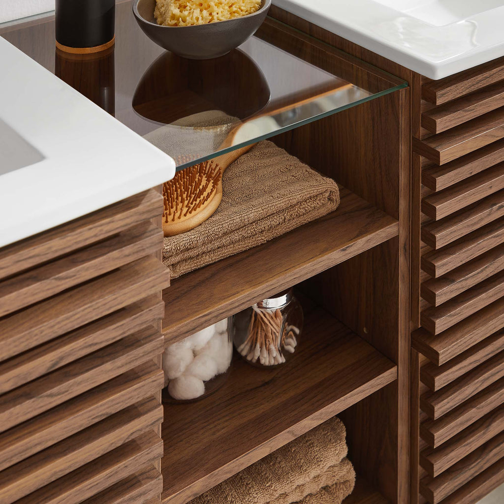 Render 62" Wall-Mount Double Sink Bathroom Vanity - Walnut White