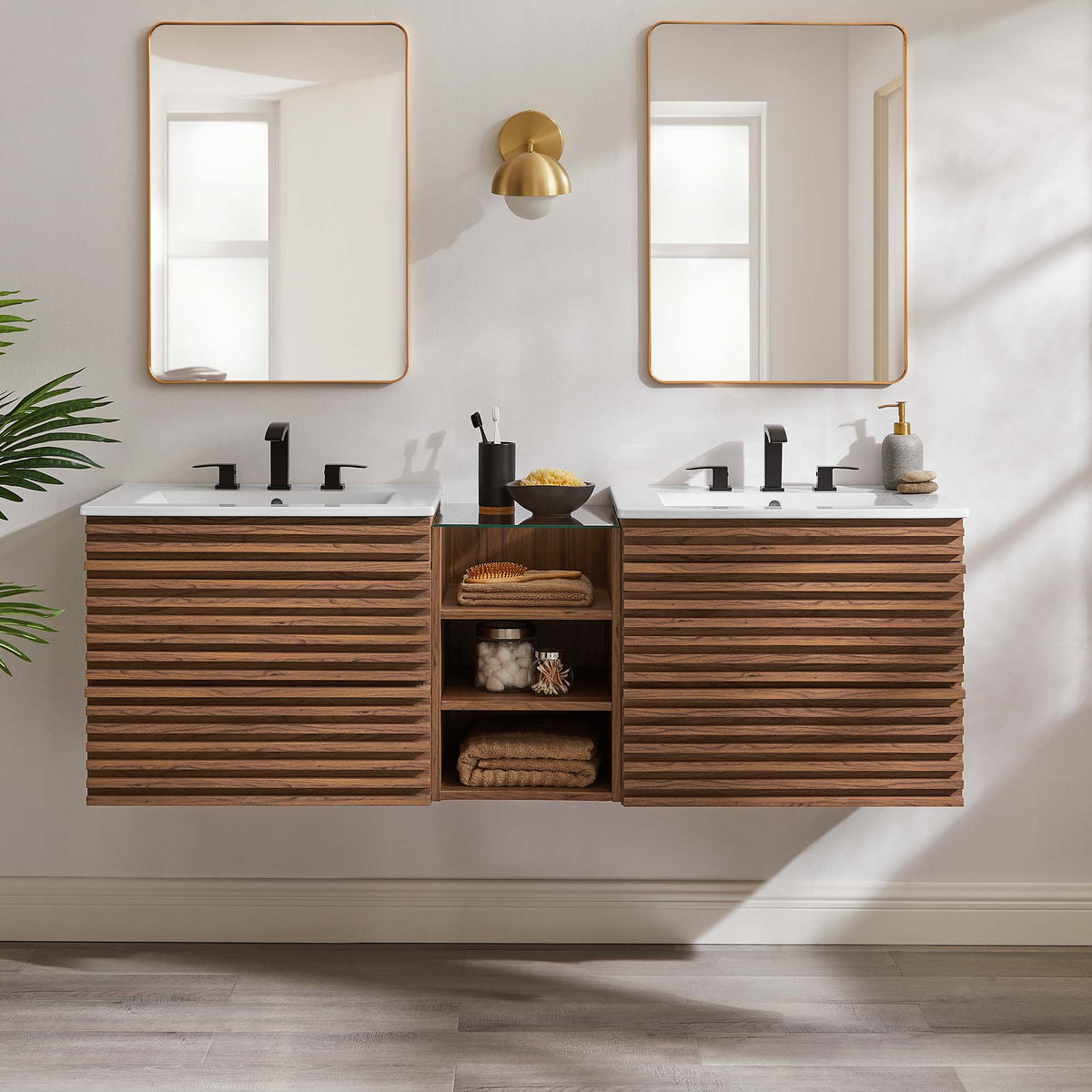 Render 62" Wall-Mount Double Sink Bathroom Vanity - Walnut White