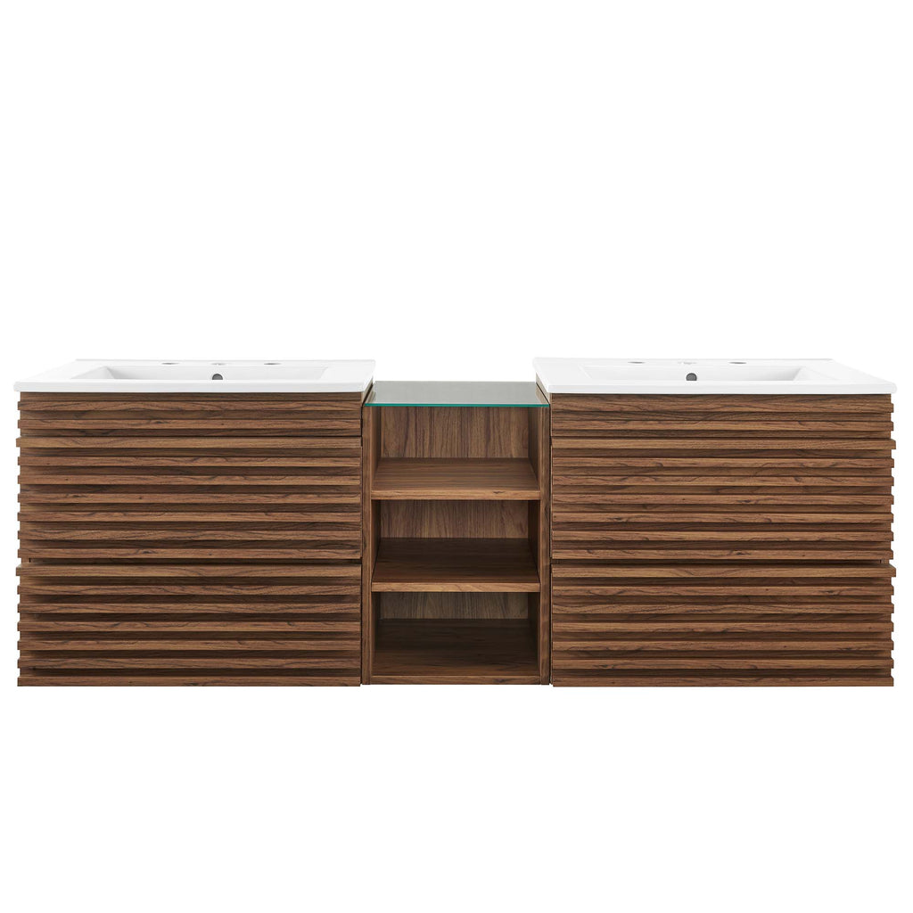 Render 62" Wall-Mount Double Sink Bathroom Vanity - Walnut White