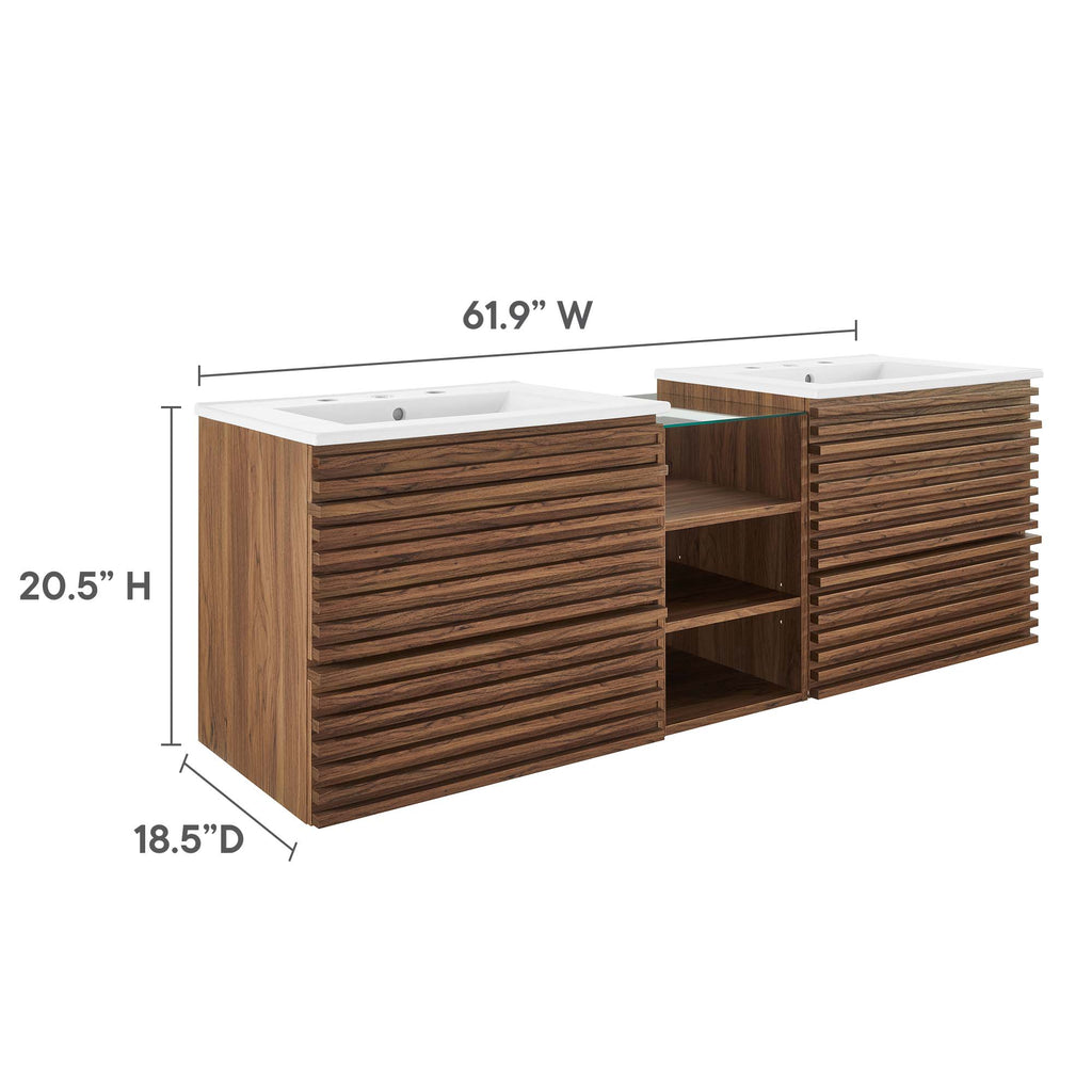 Render 62" Wall-Mount Double Sink Bathroom Vanity - Walnut White