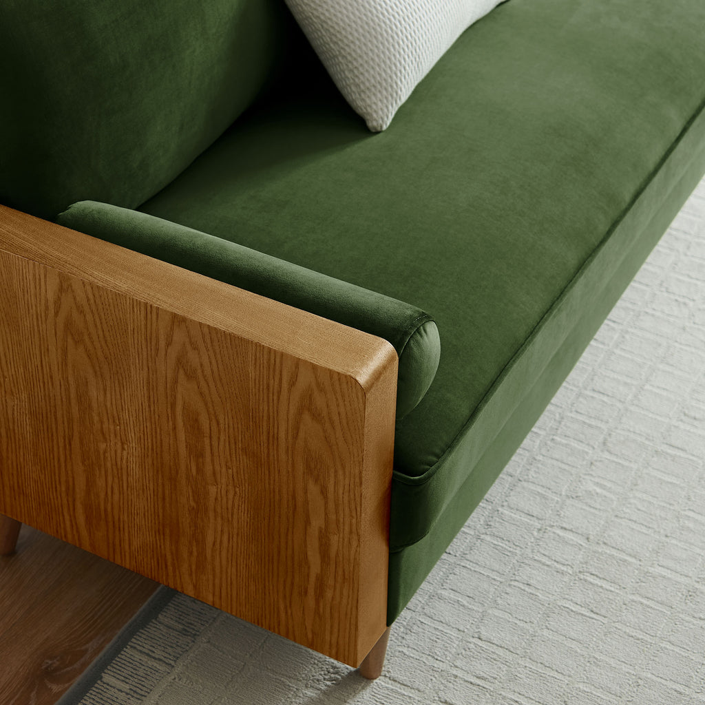 Kellan Performance Velvet Sofa - Walnut Moss Green