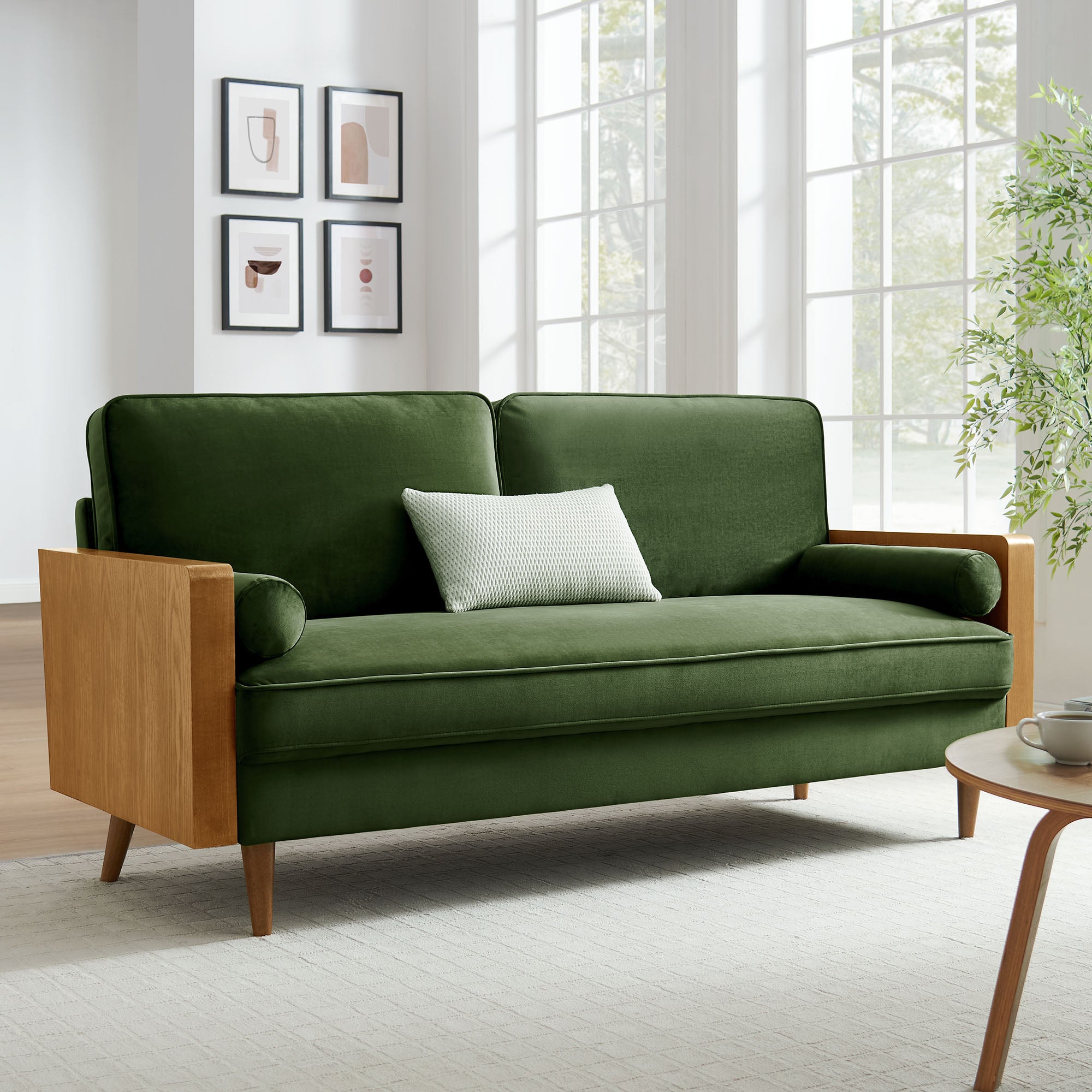 Kellan Performance Velvet Sofa - Walnut Moss Green