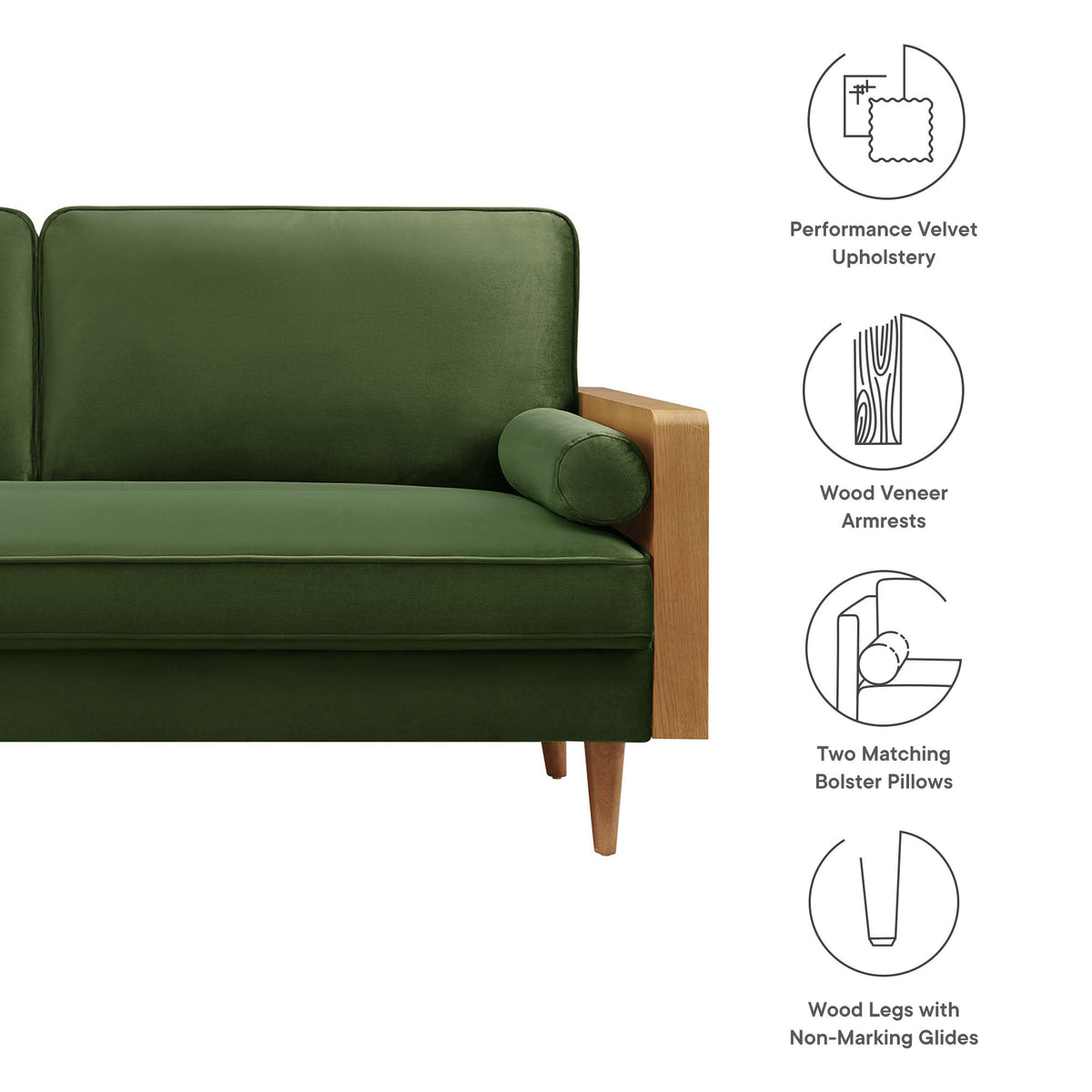 Kellan Performance Velvet Sofa - Walnut Moss Green