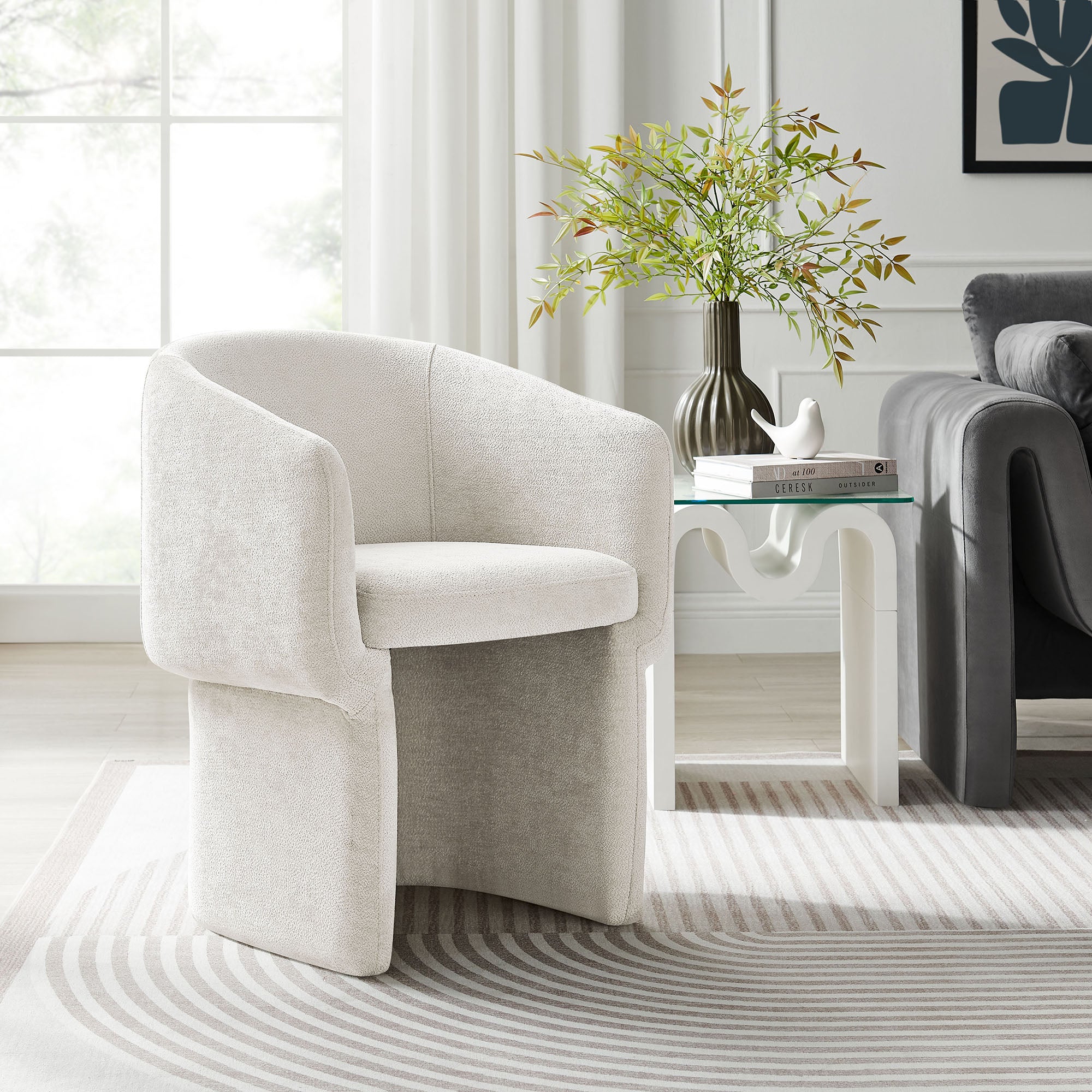 Verity Barrel Back Chenille Dining Armchair - Ivory