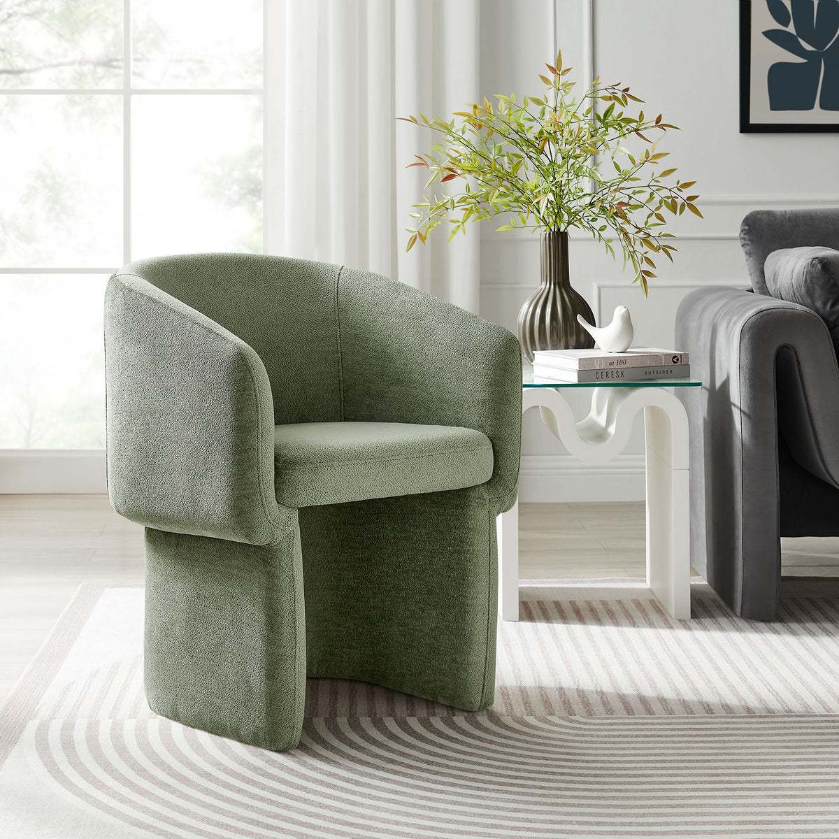 Verity Barrel Back Chenille Dining Armchair - Sage