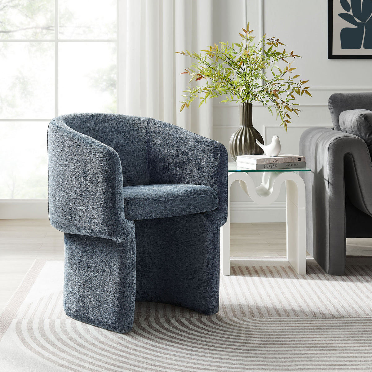 Verity Barrel Back Chenille Dining Armchair - Slate Blue
