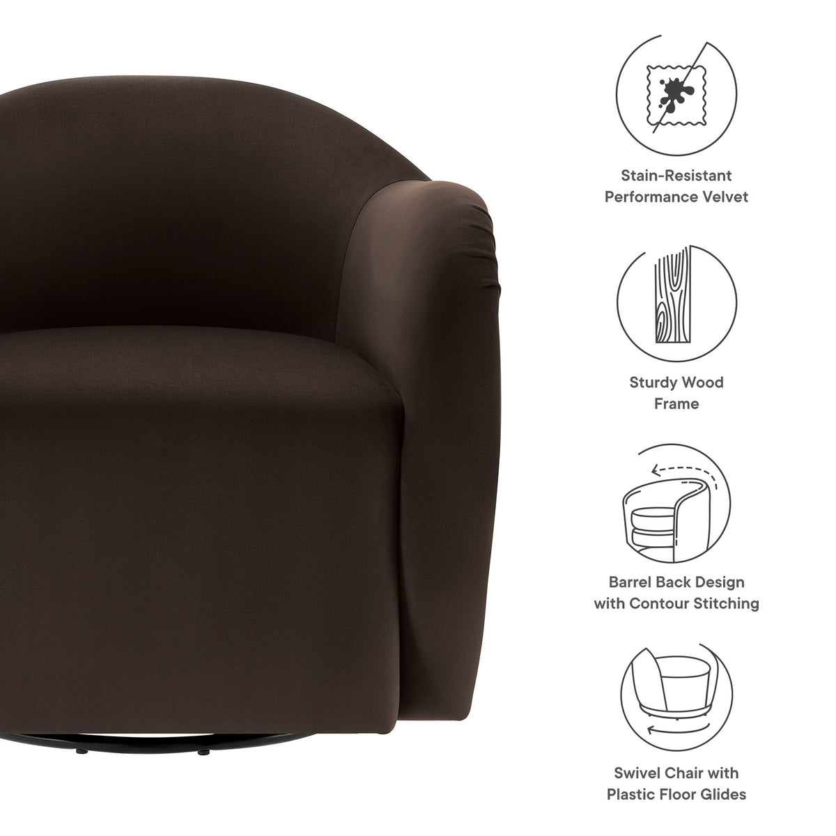 Compose Performance Velvet Swivel Armchair - Chocolate Brown