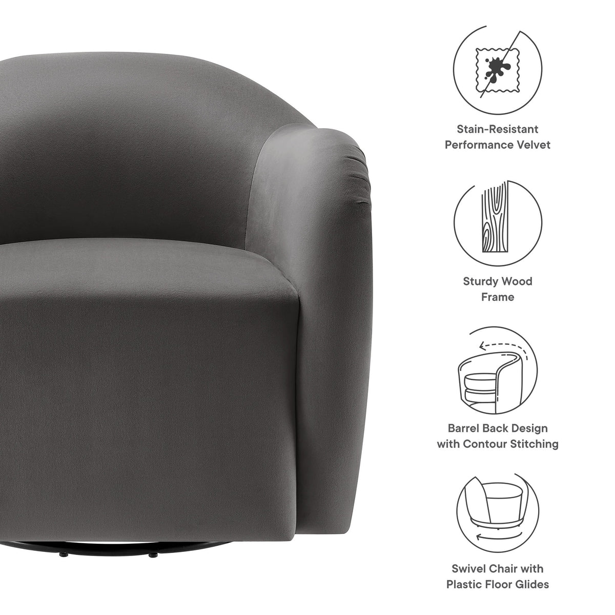 Compose Performance Velvet Swivel Armchair - Storm Gray