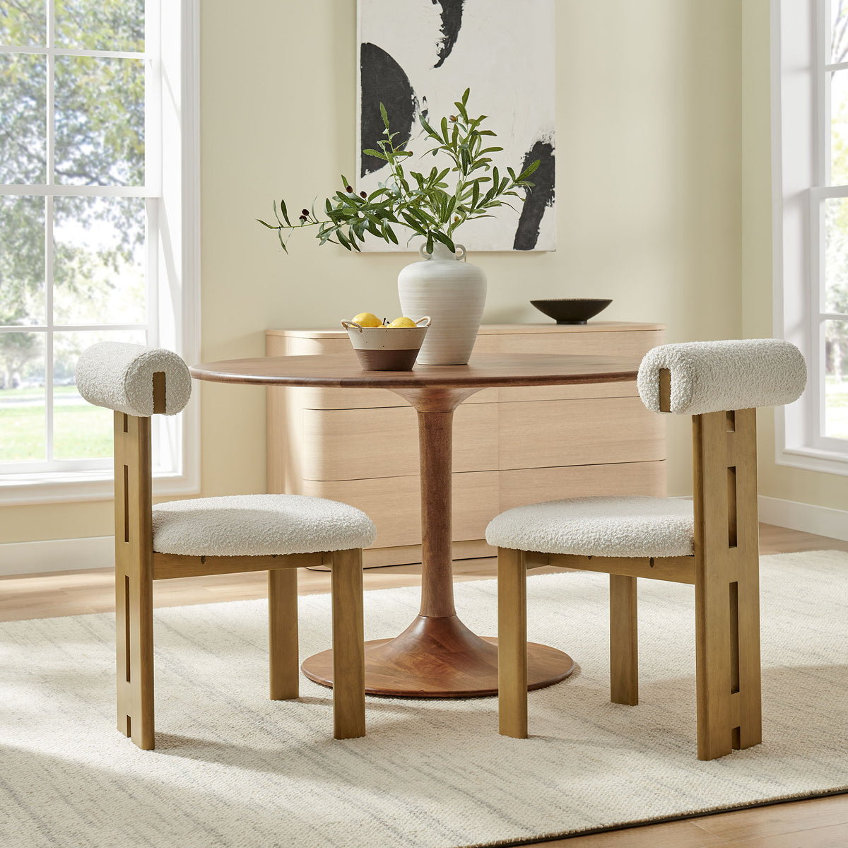 Torian Boucle Fabric Dining Chair Set of 2 - French Oak Ivory