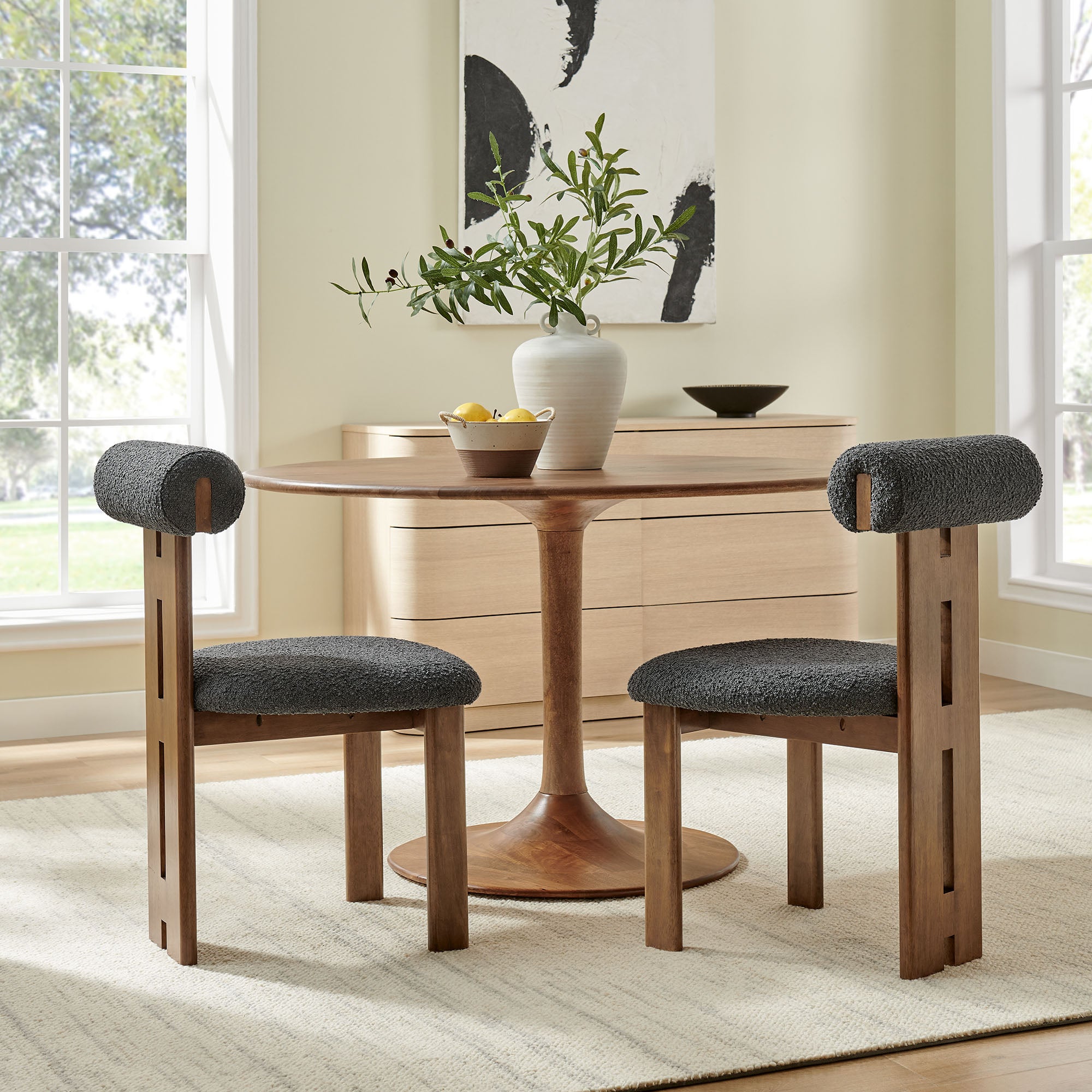 Torian Boucle Fabric Dining Chair Set of 2 - Walnut Charcoal