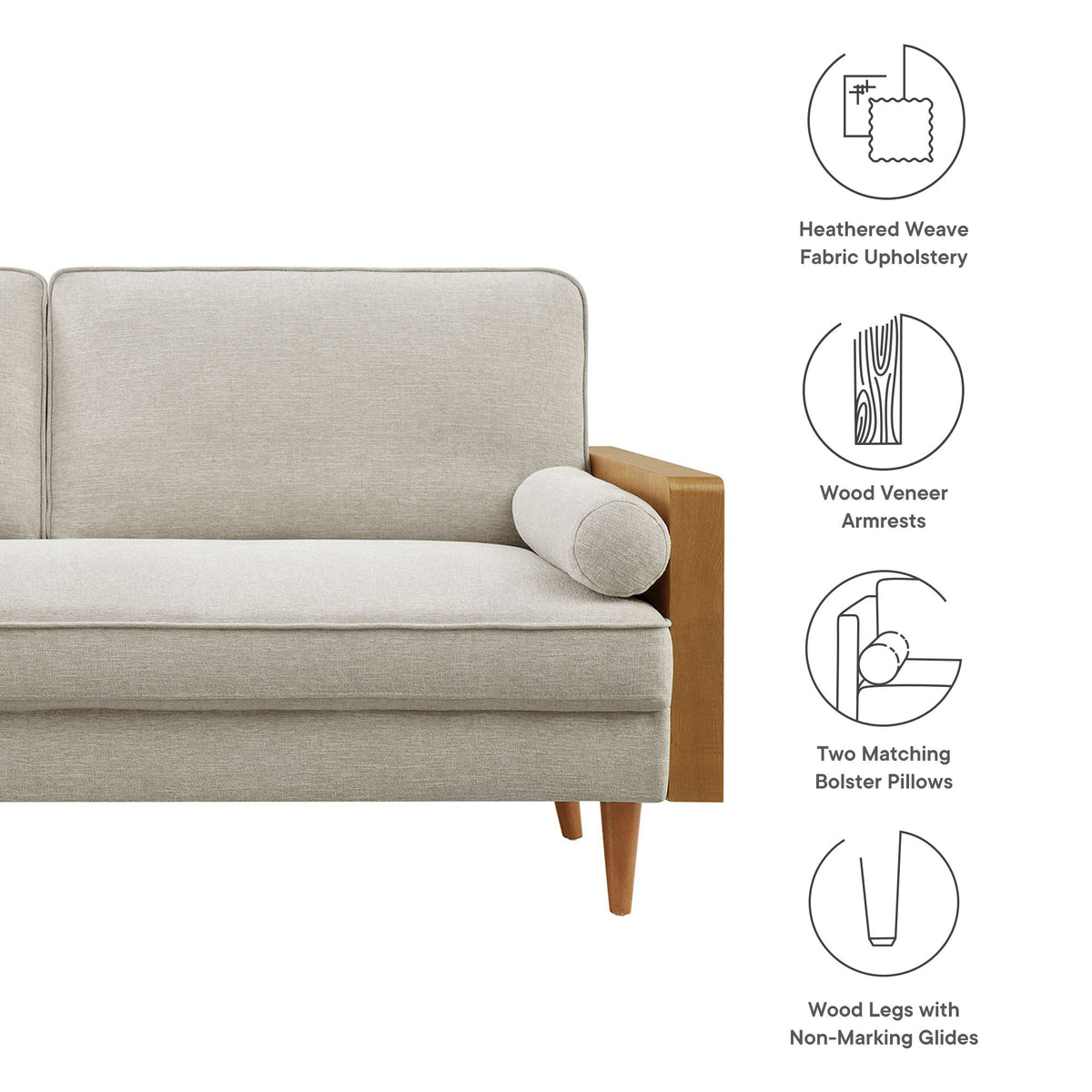 Kellan Heathered Fabric Upholstered Sofa - Walnut Heathered Weave Ivory