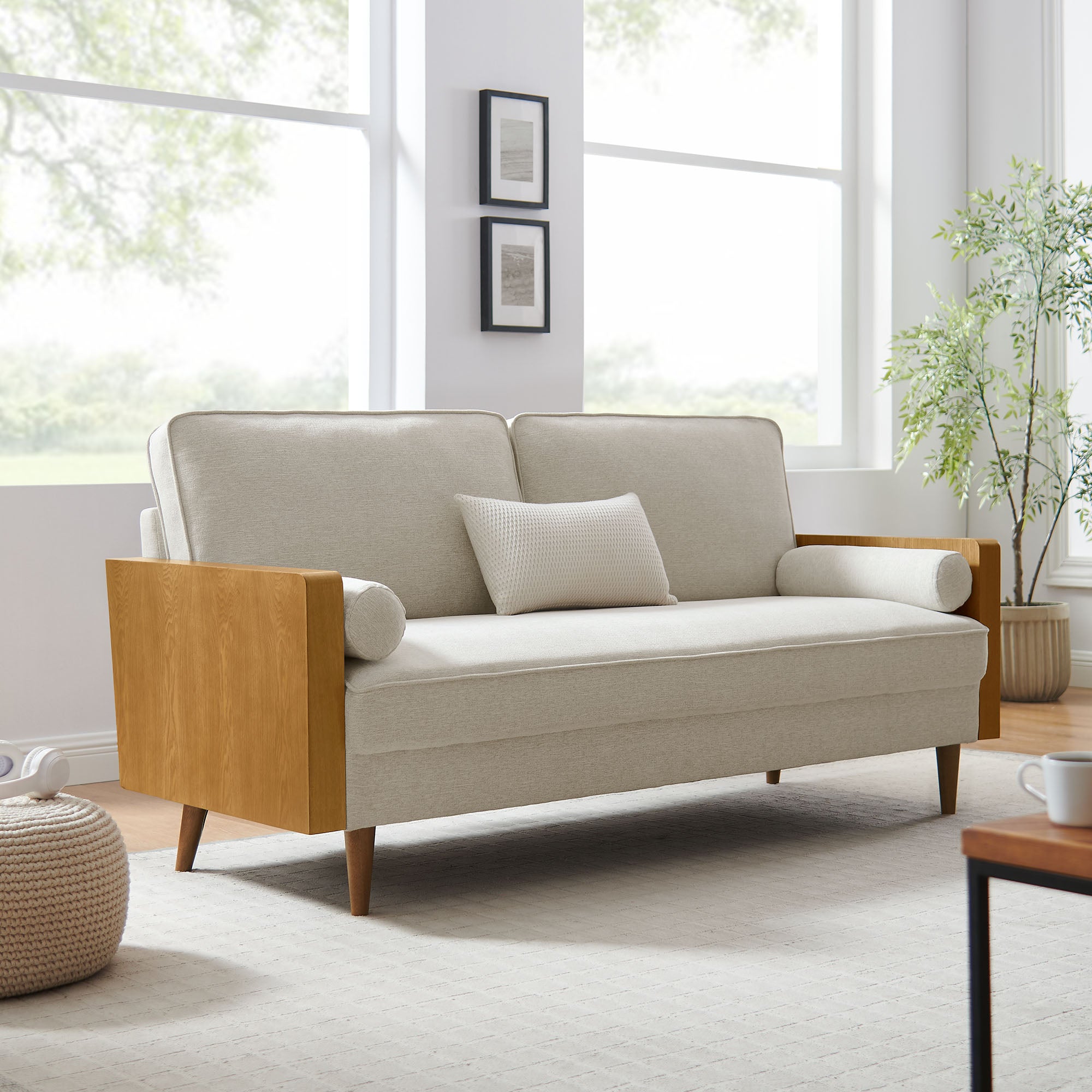 Kellan Heathered Fabric Upholstered Sofa - Walnut Heathered Weave Light Beige