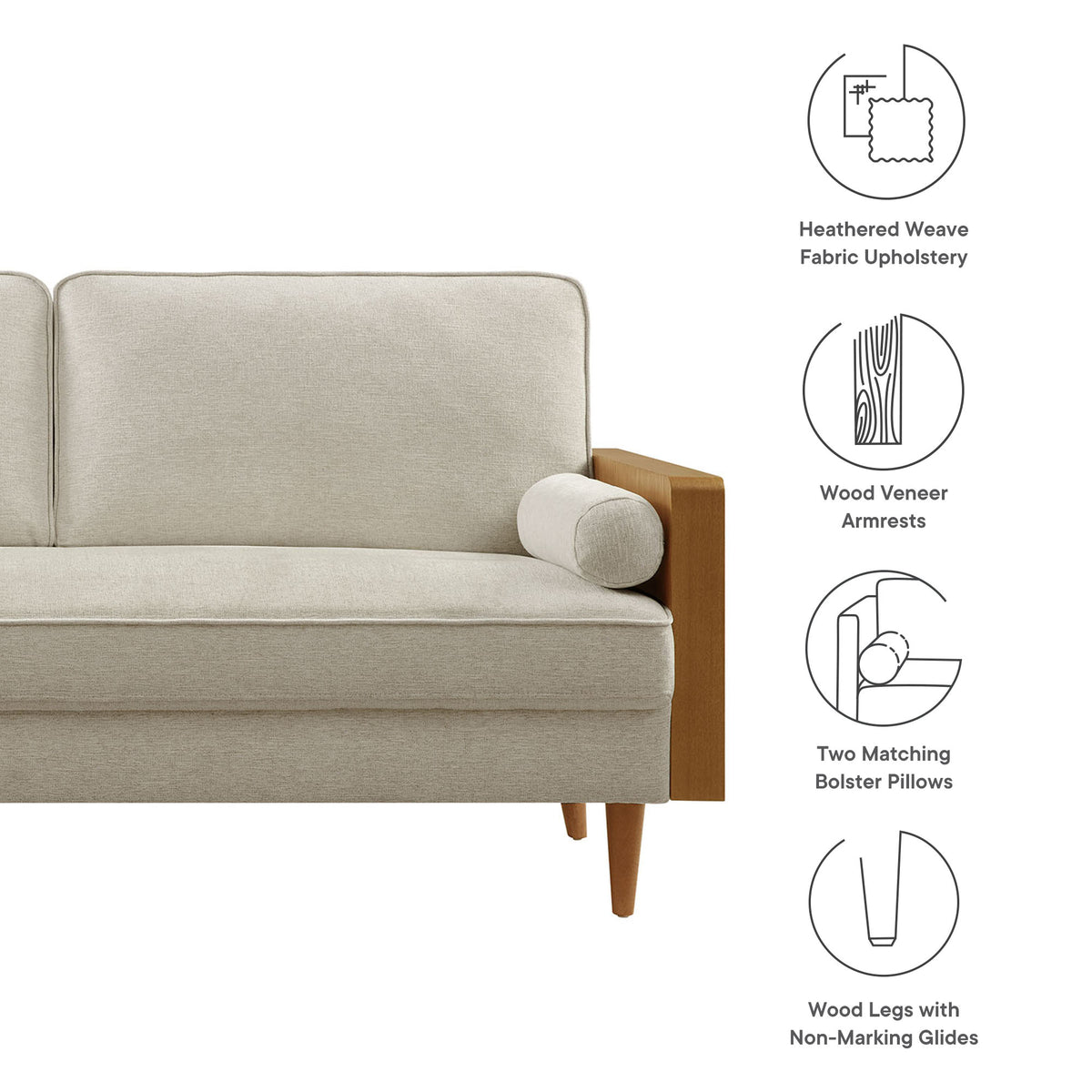 Kellan Heathered Fabric Upholstered Sofa - Walnut Heathered Weave Light Beige