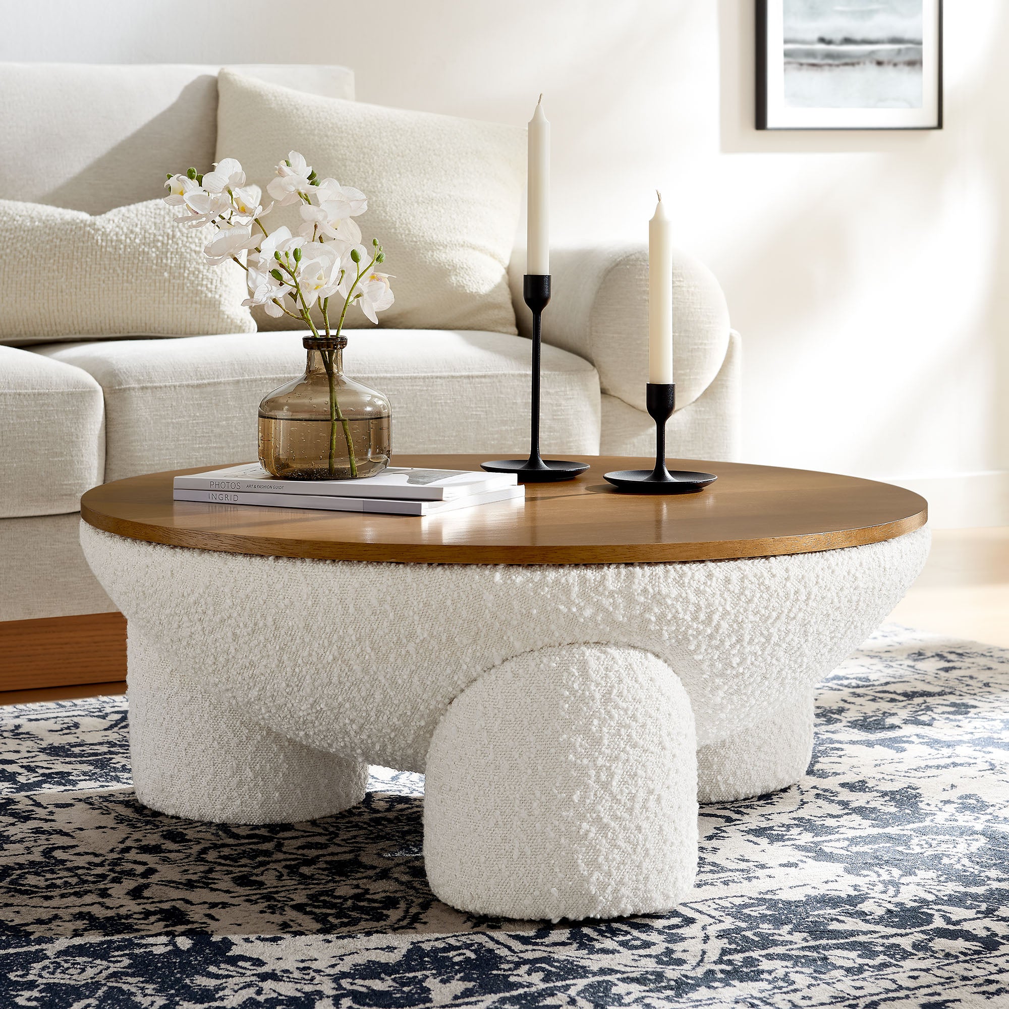 Tridome Round Boucle Upholstered Storage Coffee Table - Natural Ivory