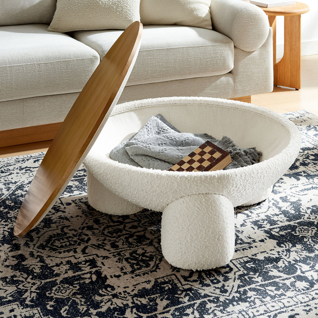 Tridome Round Boucle Upholstered Storage Coffee Table - Natural Ivory