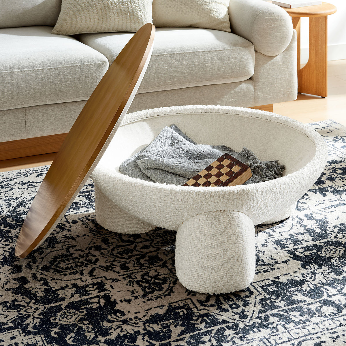 Tridome Round Boucle Upholstered Storage Coffee Table - Natural Ivory