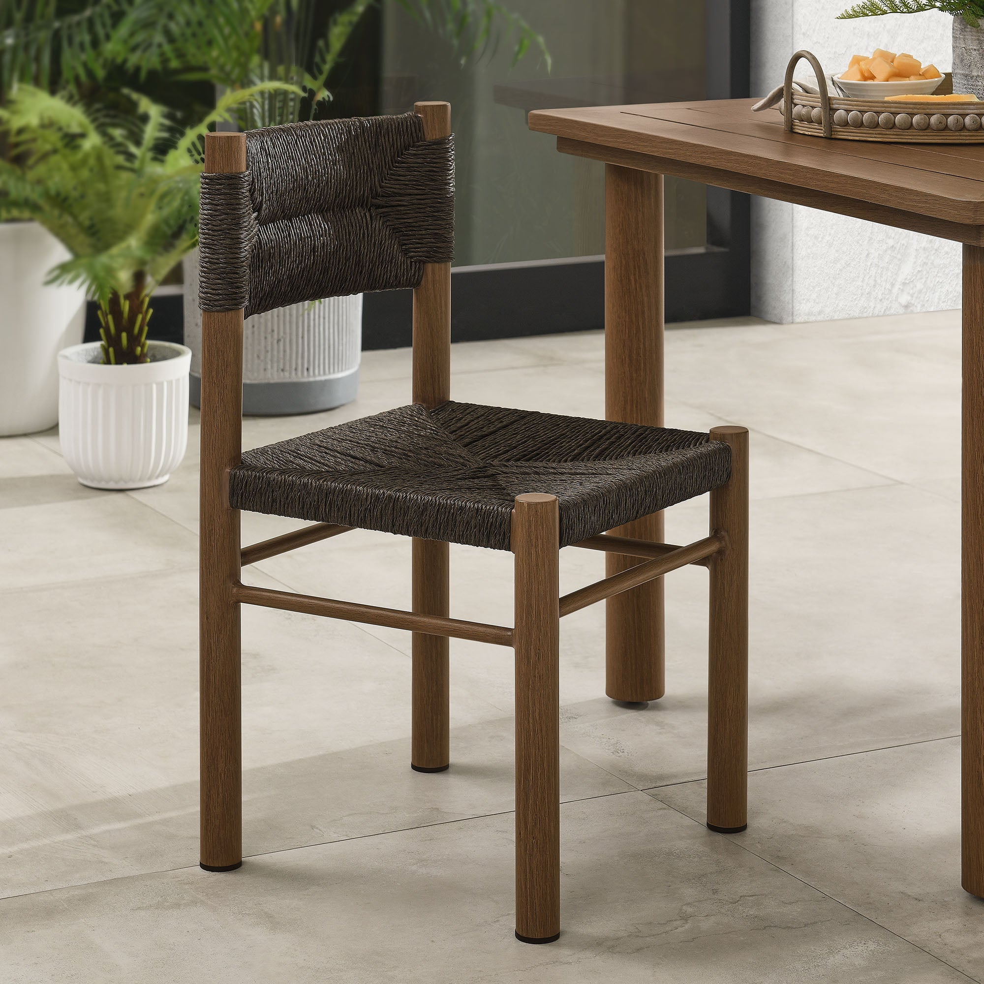 Parkland Outdoor Patio Rattan and Aluminum Dining Side Chairs Set of 2 - Walnut