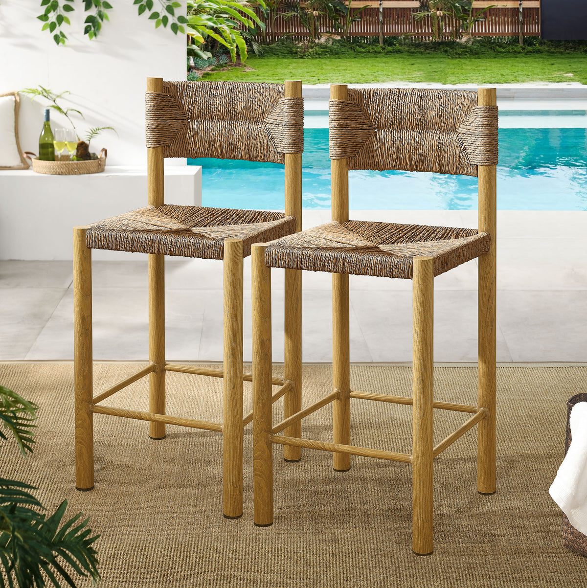 Parkland Outdoor Patio Rattan and Aluminum Counter Stools Set of 2 - Natural