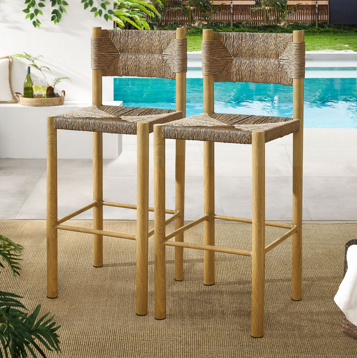 Parkland Outdoor Patio Rattan and Aluminum Bar Stools Set of 2 - Natural