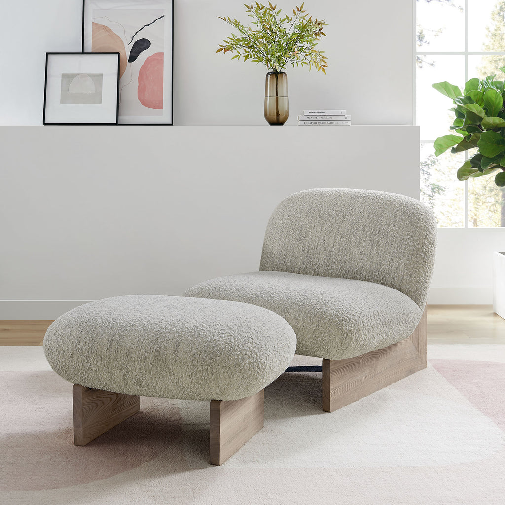 Loyal Boucle Fabric Accent Chair and Ottoman Set - Pearl Oak