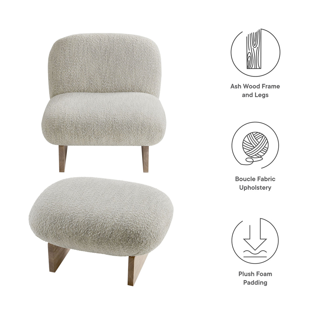 Loyal Boucle Fabric Accent Chair and Ottoman Set - Pearl Oak