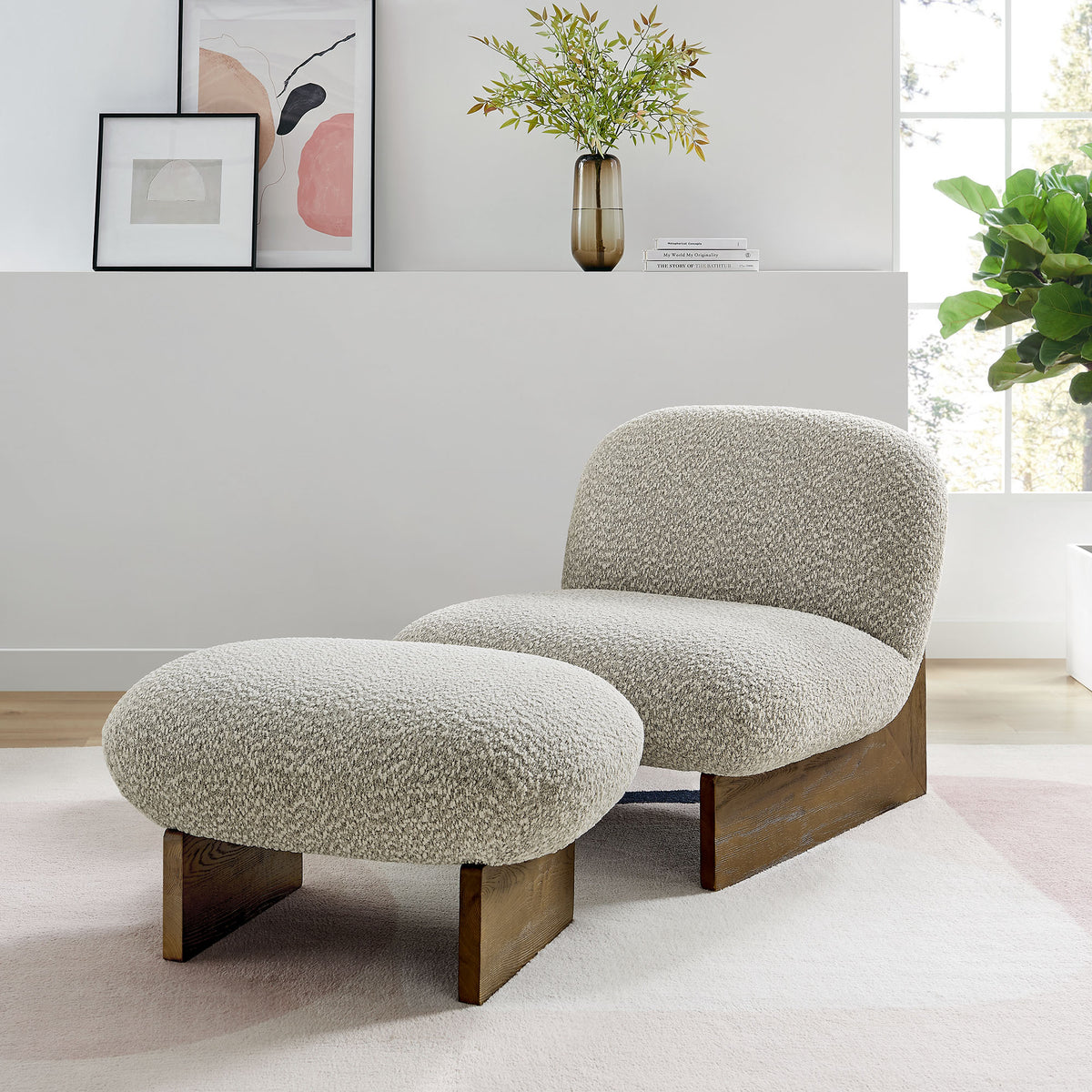 Loyal Boucle Fabric Accent Chair and Ottoman Set - River Rock Walnut