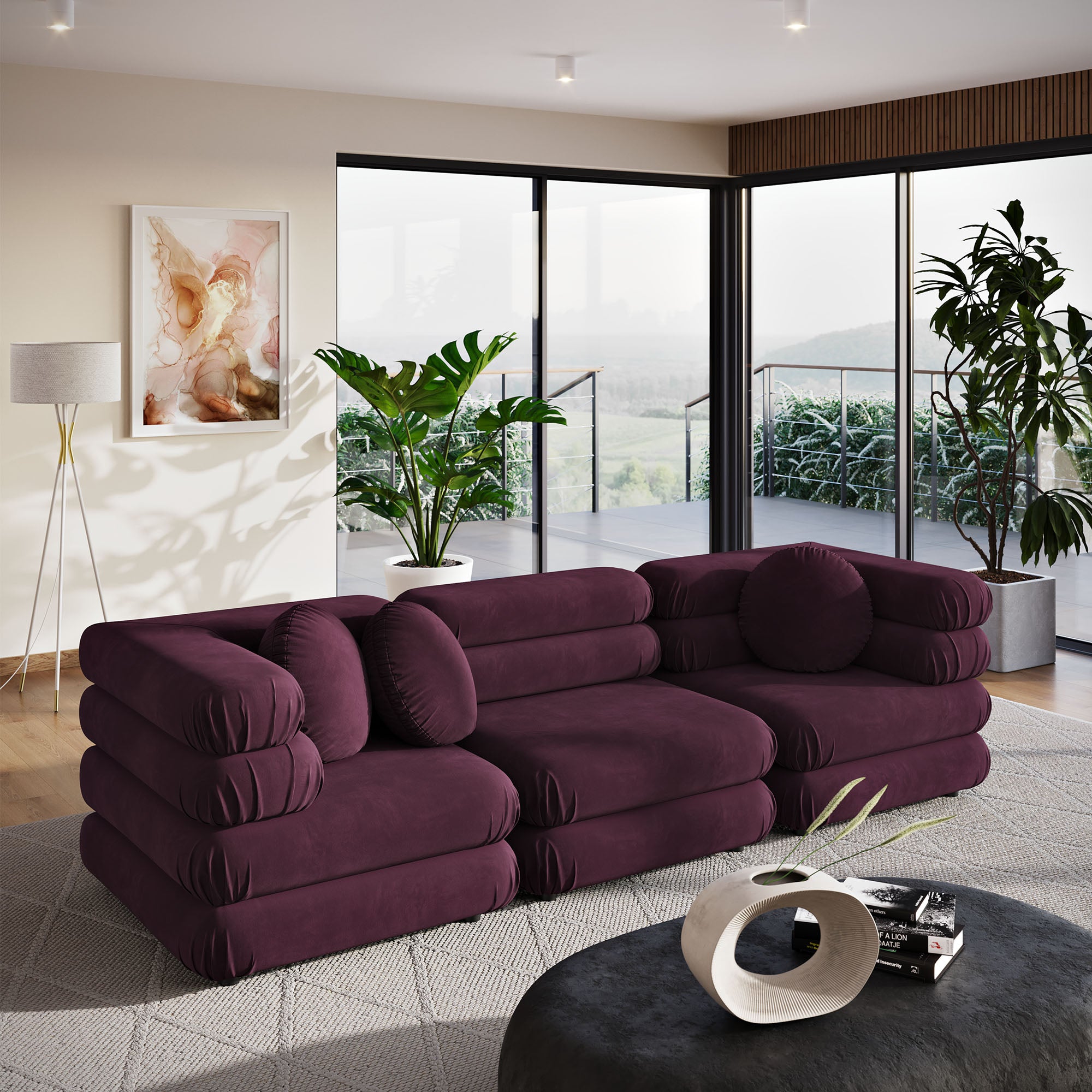 Jubilee 3-Piece Modular Performance Velvet Sectional Sofa - Mulberry