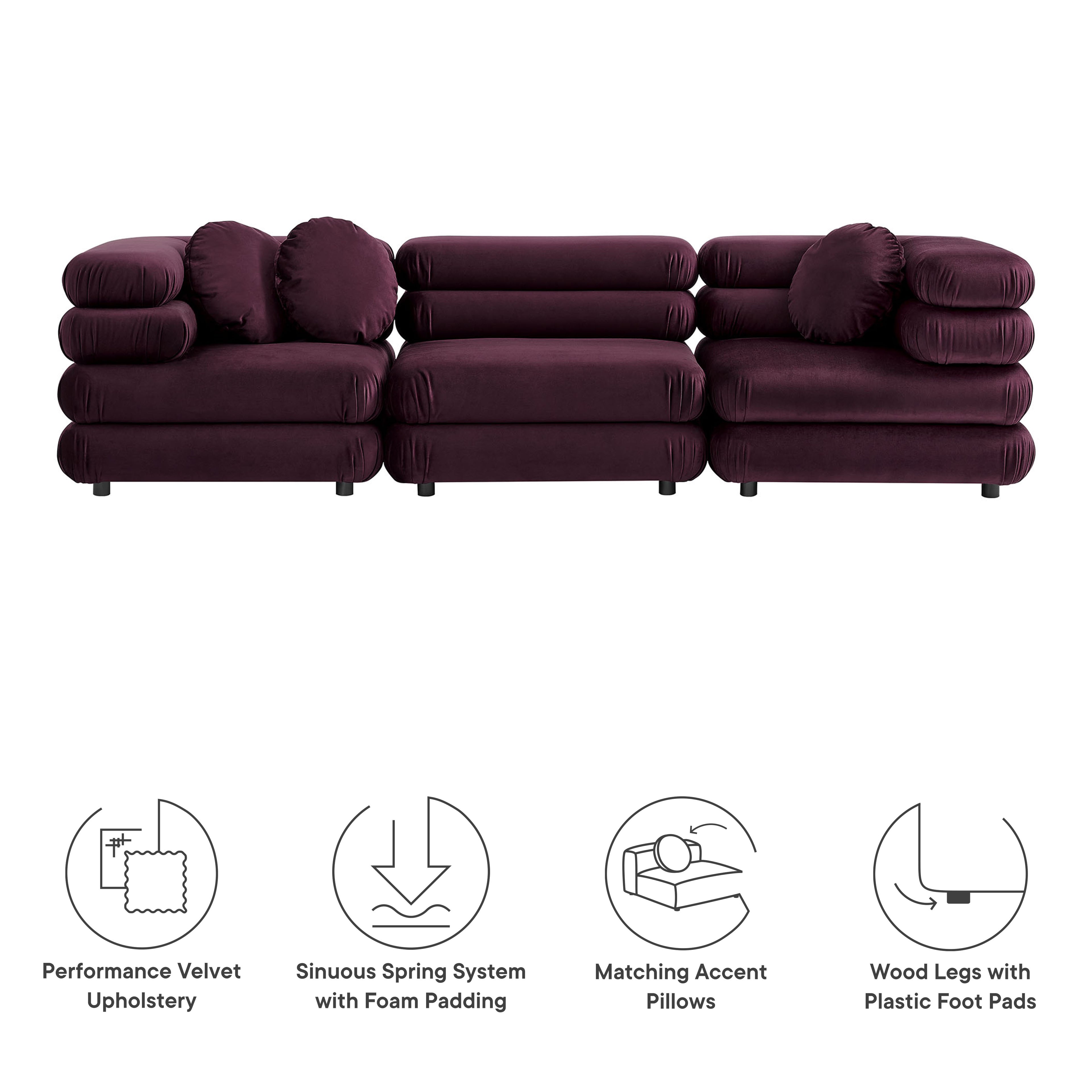 Jubilee 3-Piece Modular Performance Velvet Sectional Sofa - Mulberry