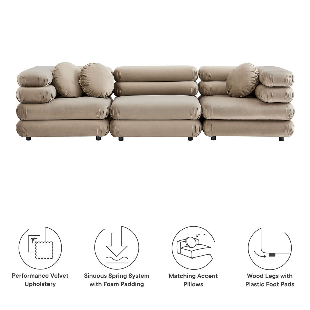 Jubilee 3-Piece Modular Performance Velvet Sectional Sofa - Taupe