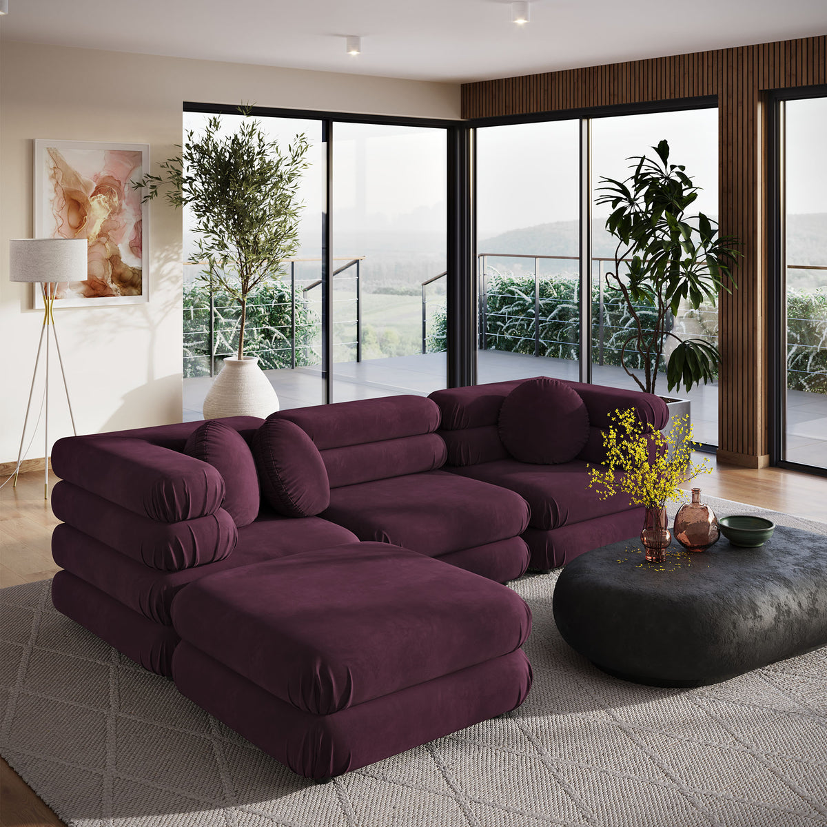 Jubilee 4-Piece Modular Performance Velvet Sectional Sofa - Mulberry