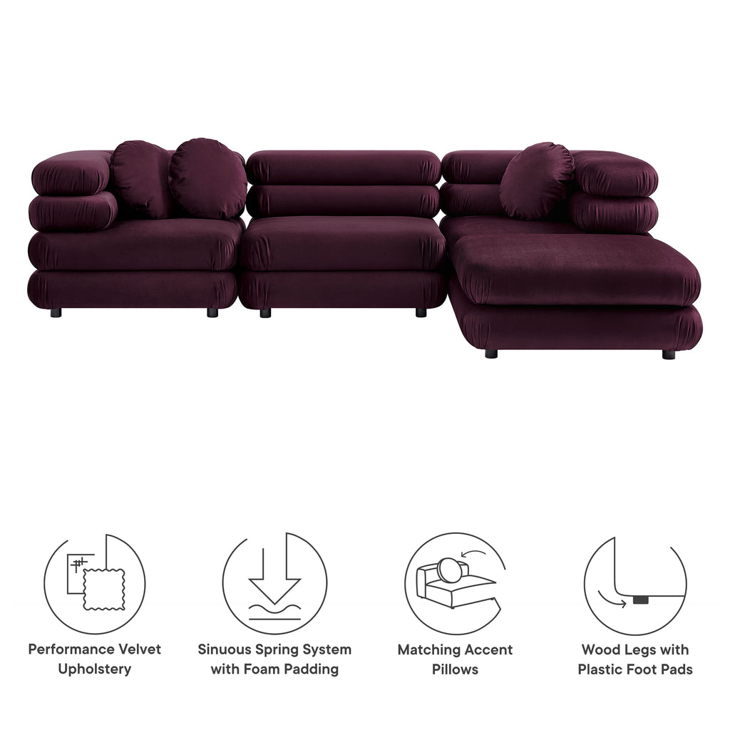 Jubilee 4-Piece Modular Performance Velvet Sectional Sofa - Mulberry