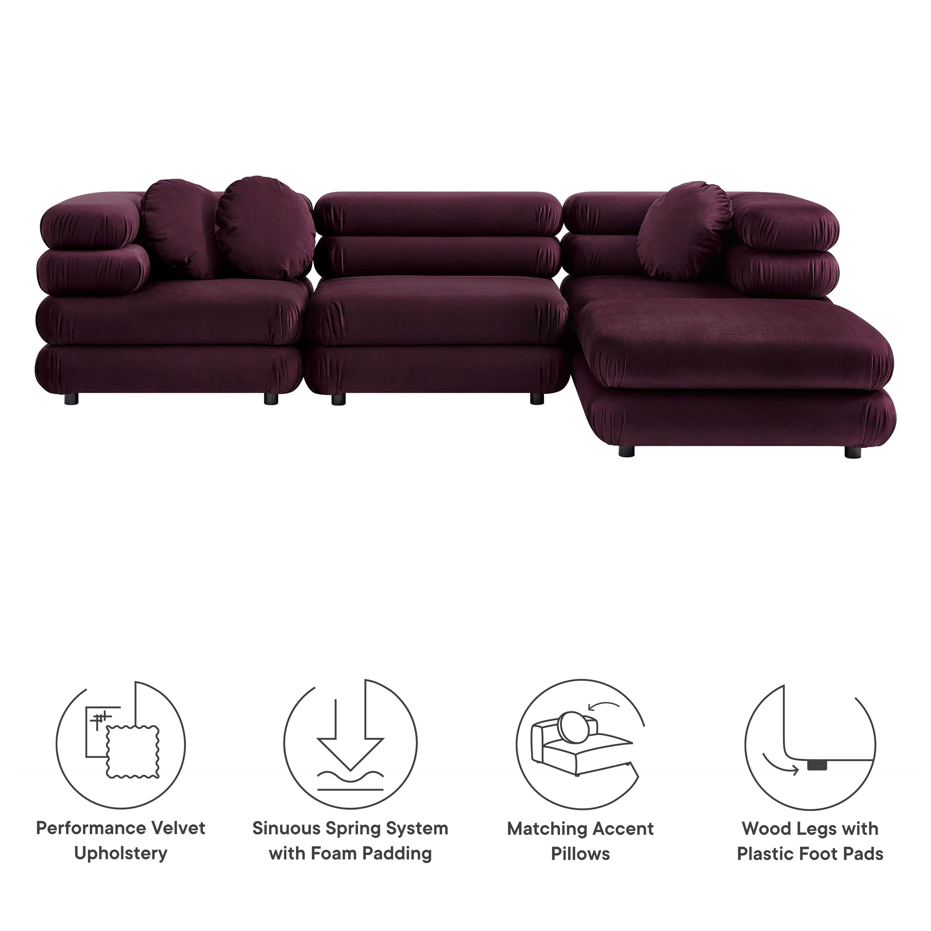 Jubilee 4-Piece Modular Performance Velvet Sectional Sofa - Mulberry