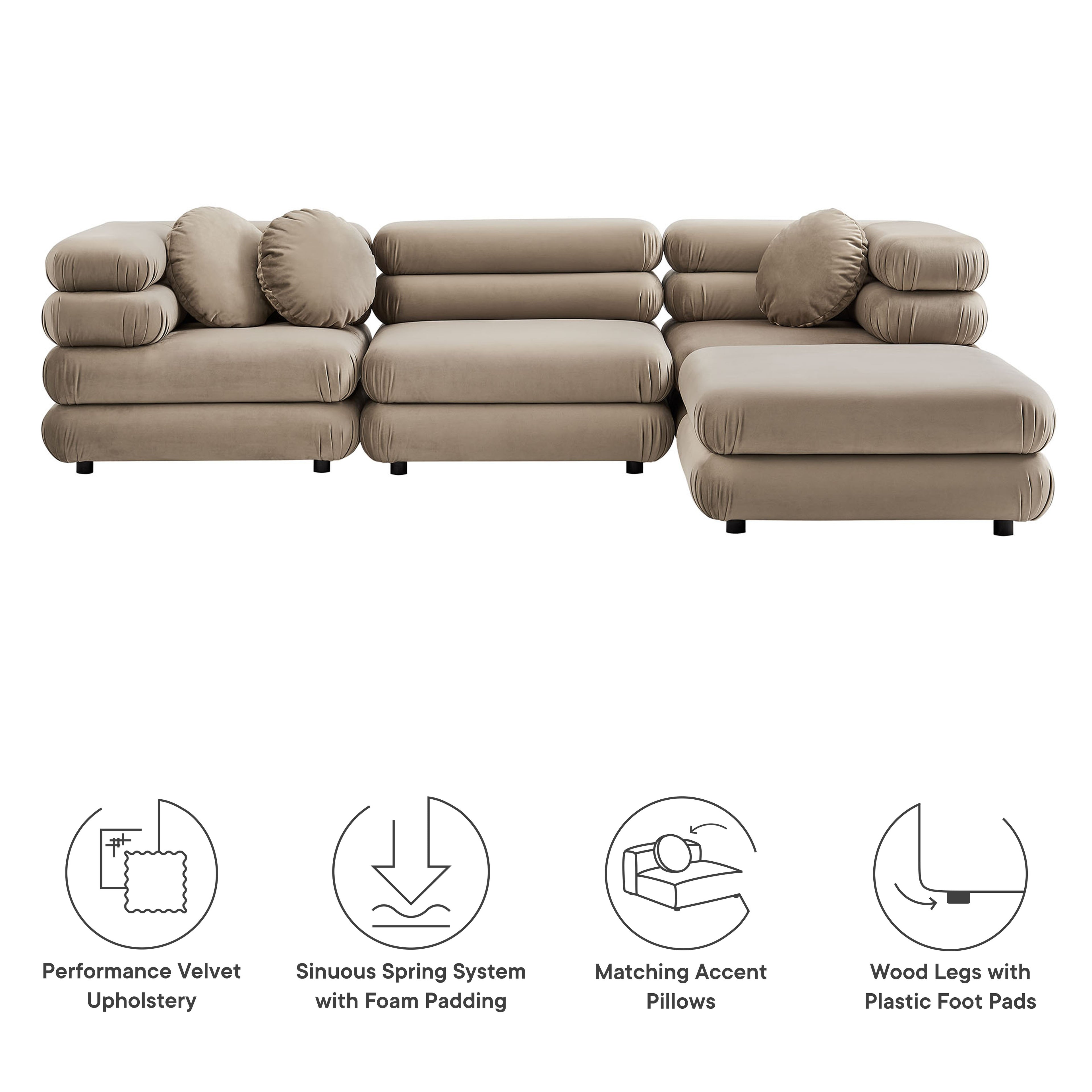 Jubilee 4-Piece Modular Performance Velvet Sectional Sofa - Taupe