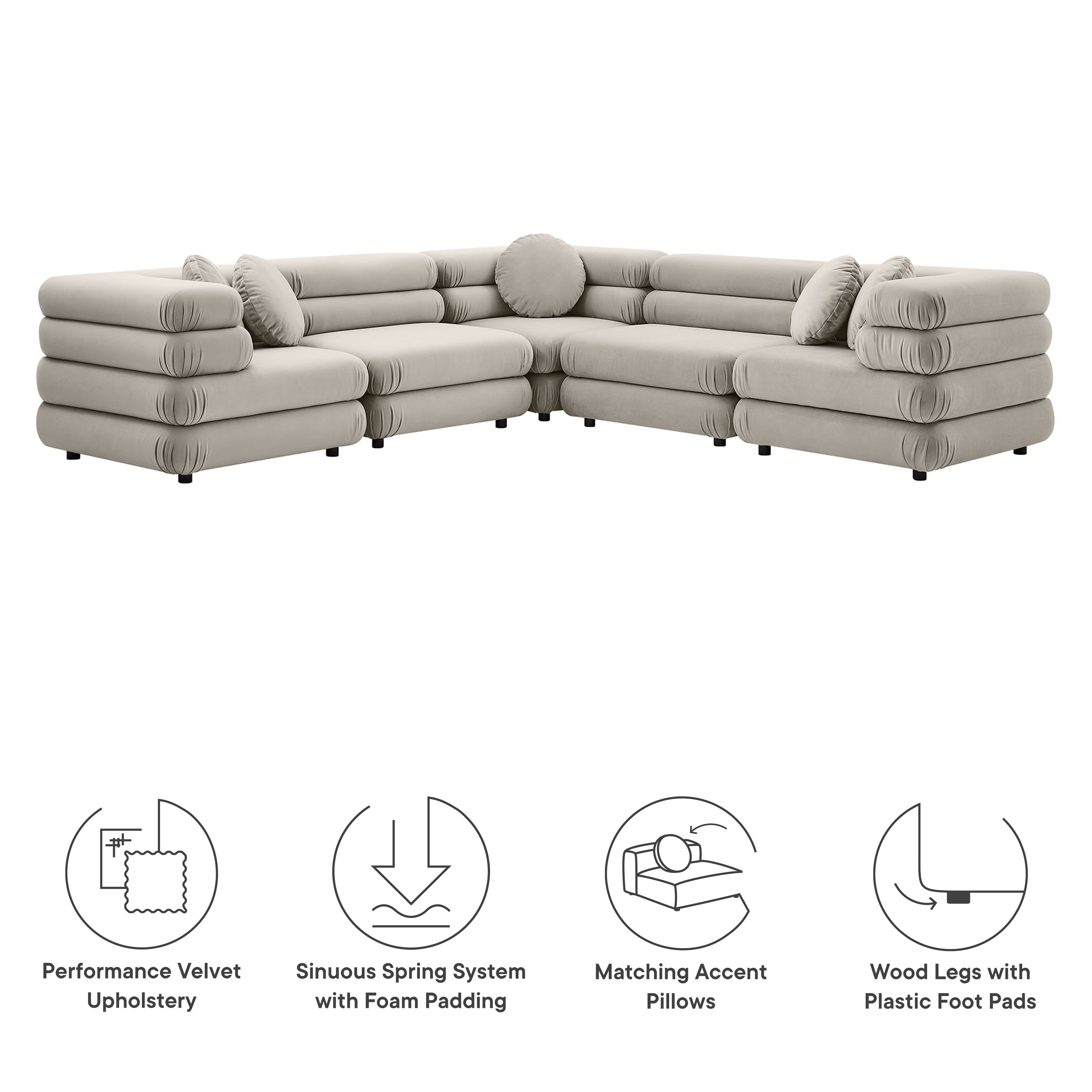 Jubilee 5-Piece Modular Performance Velvet Sectional Sofa - Almond