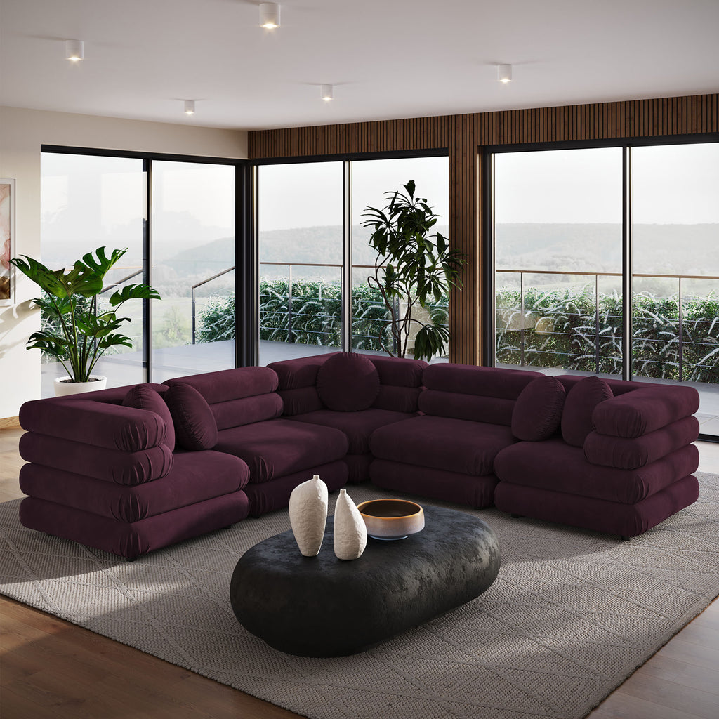 Jubilee 5-Piece Modular Performance Velvet Sectional Sofa - Mulberry