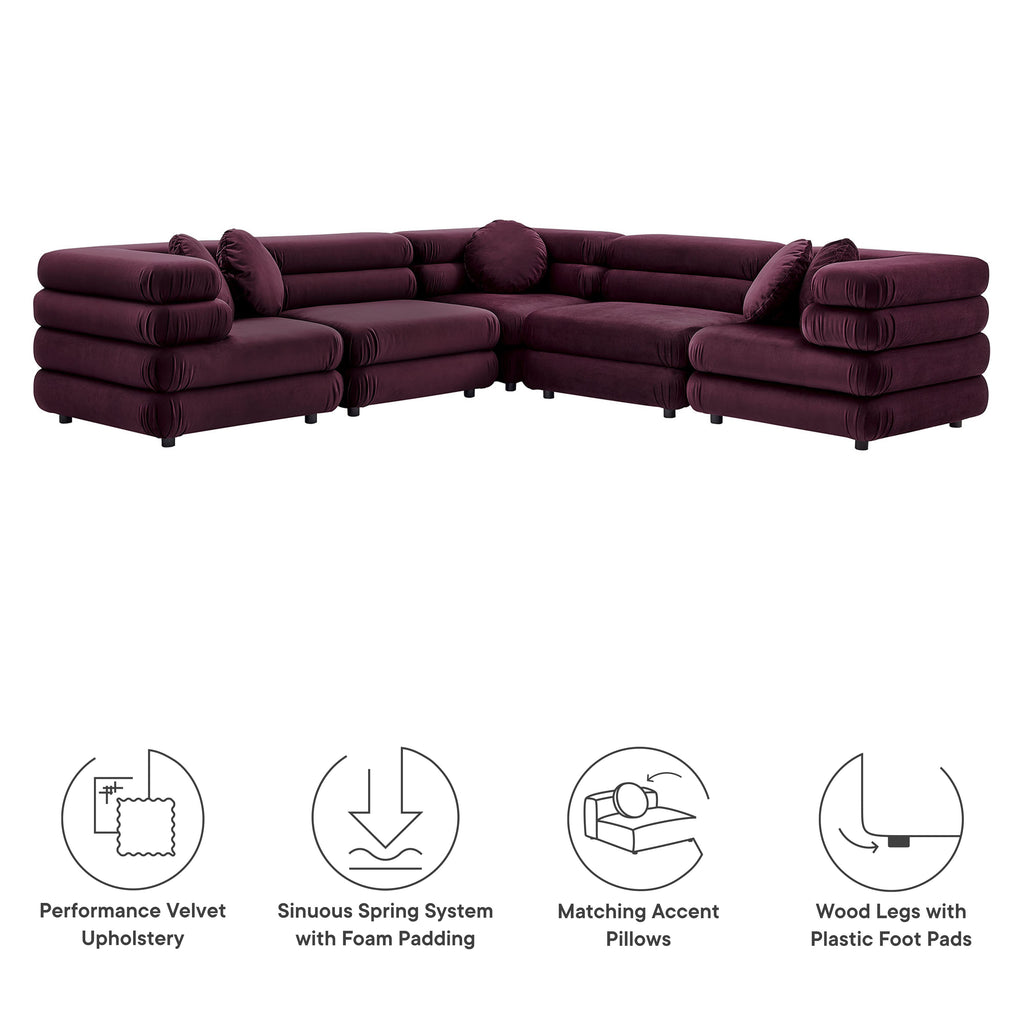 Jubilee 5-Piece Modular Performance Velvet Sectional Sofa - Mulberry
