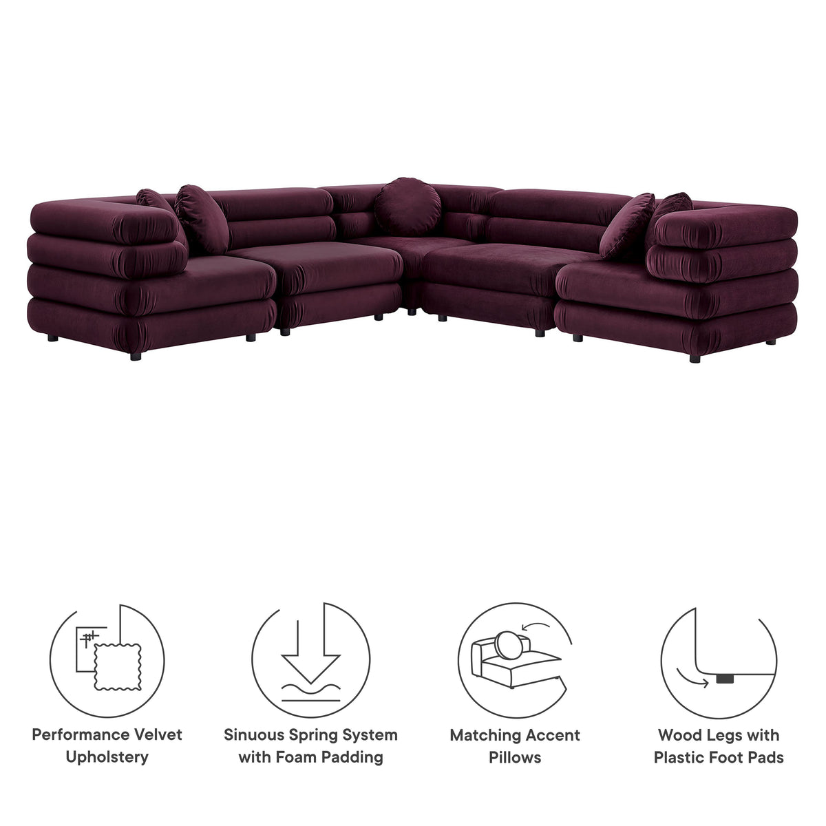 Jubilee 5-Piece Modular Performance Velvet Sectional Sofa - Mulberry