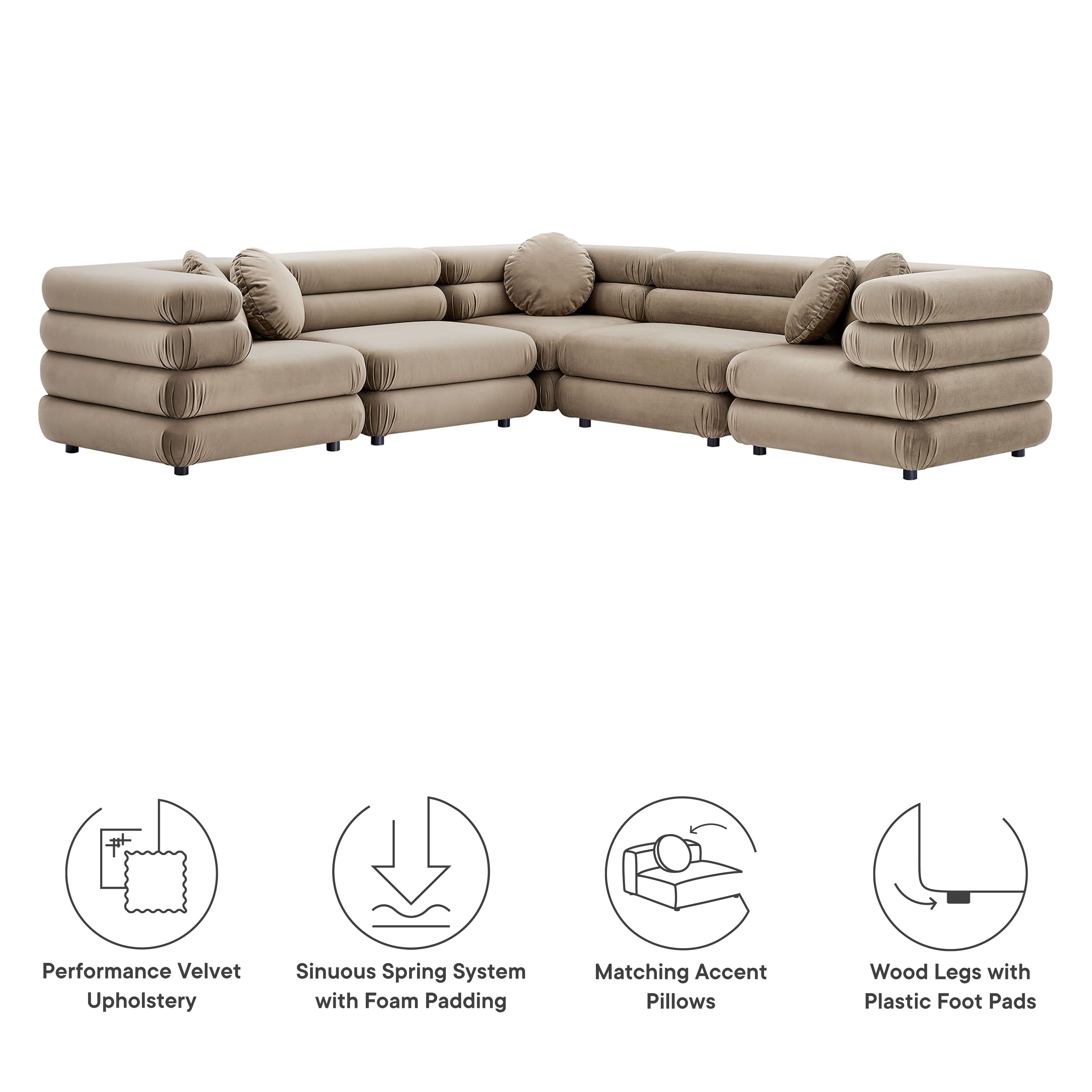 Jubilee 5-Piece Modular Performance Velvet Sectional Sofa - Taupe