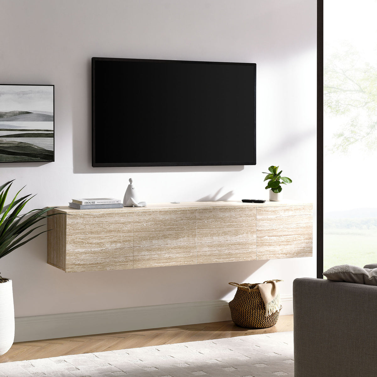 Terra 71" Wall-Mounted TV Stand - Travertine