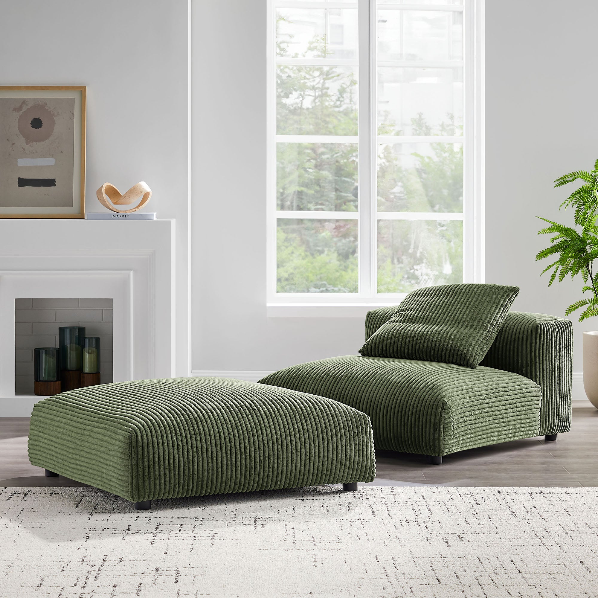 Solace Modular Corduroy Upholstered Armless Chair and Ottoman Set - Fern