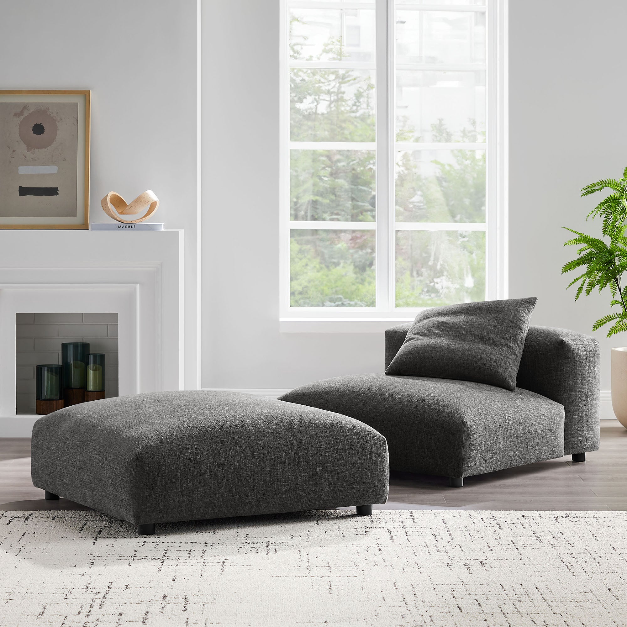 Solace Modular Upholstered Fabric Armless Chair and Ottoman Set - Charcoal