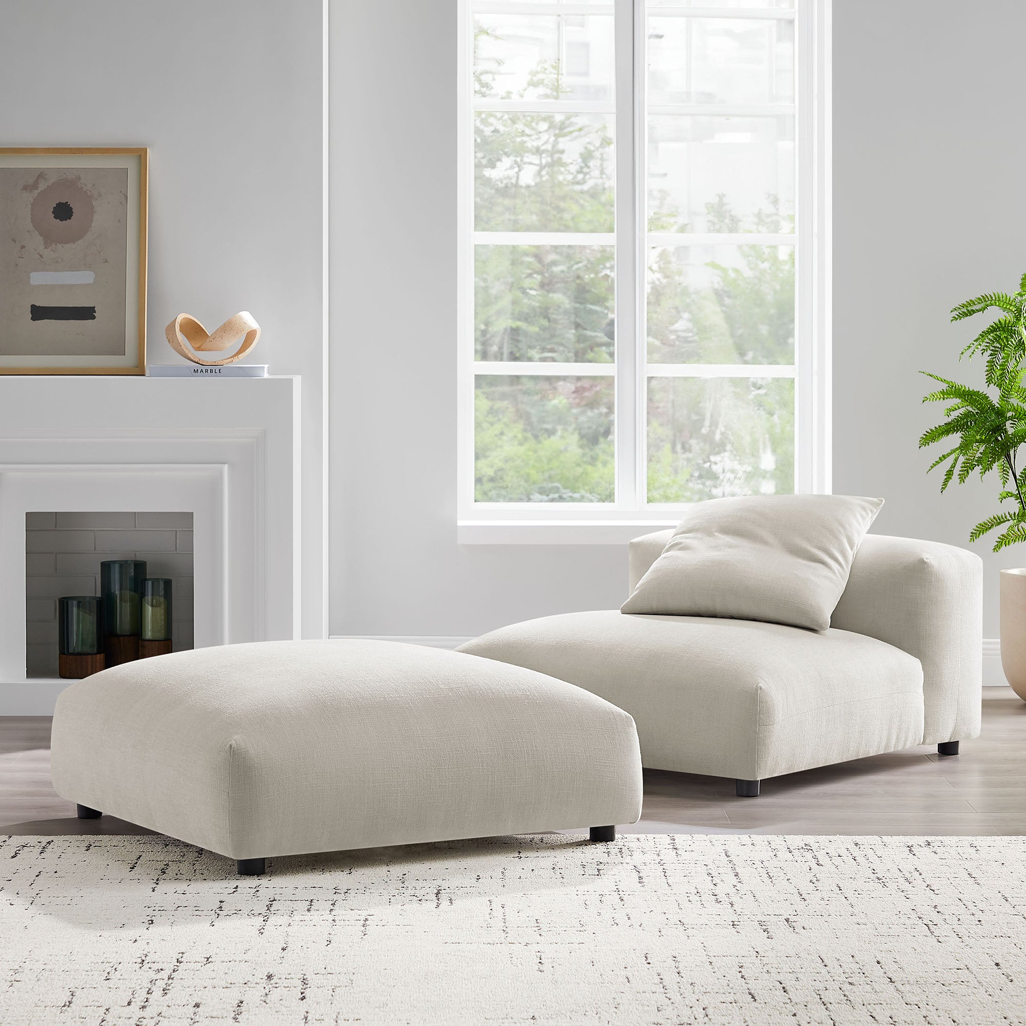 Solace Modular Upholstered Fabric Armless Chair and Ottoman Set - Salt