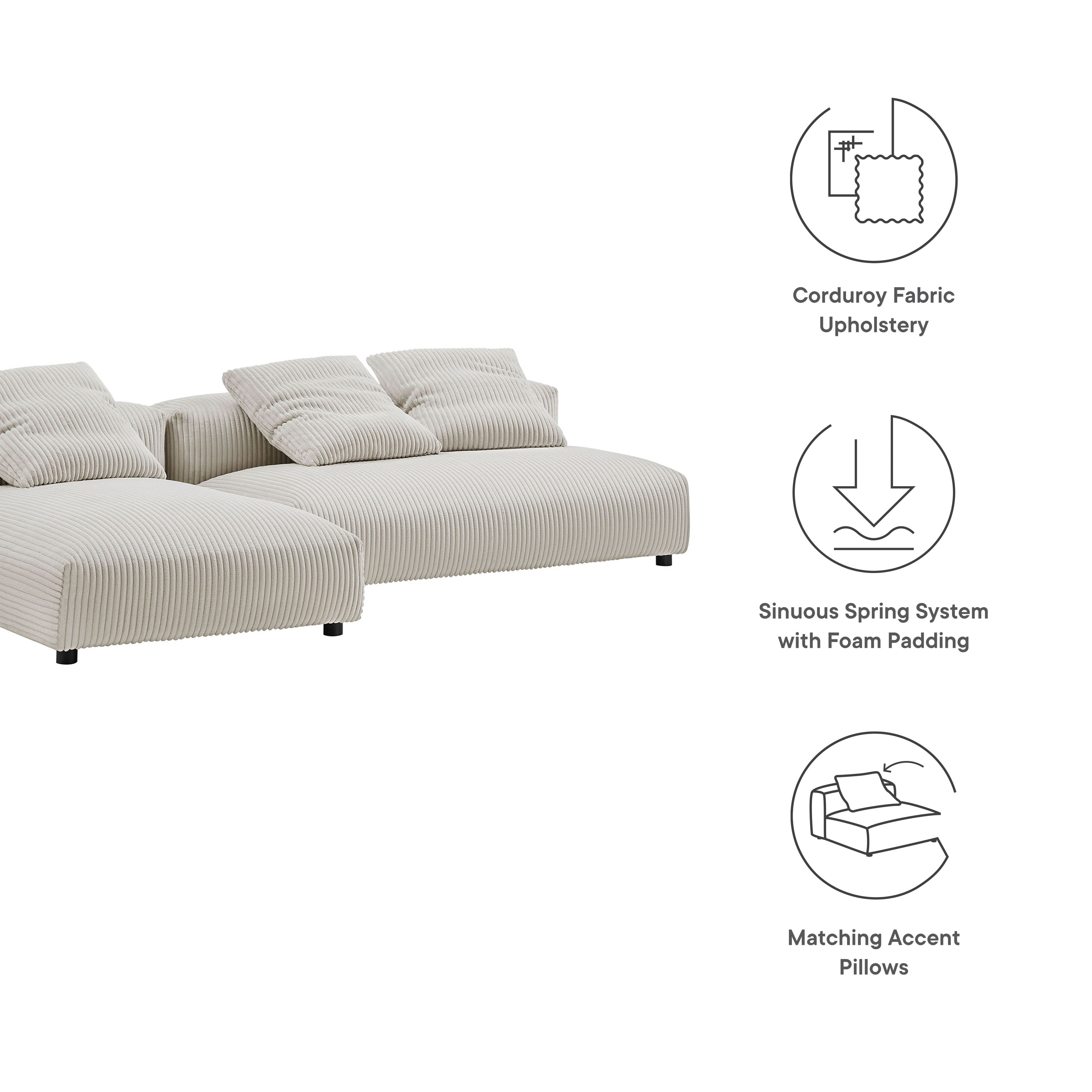 Solace 2-Piece Modular Corduroy Upholstered Sectional Sofa With Chaise - Almond