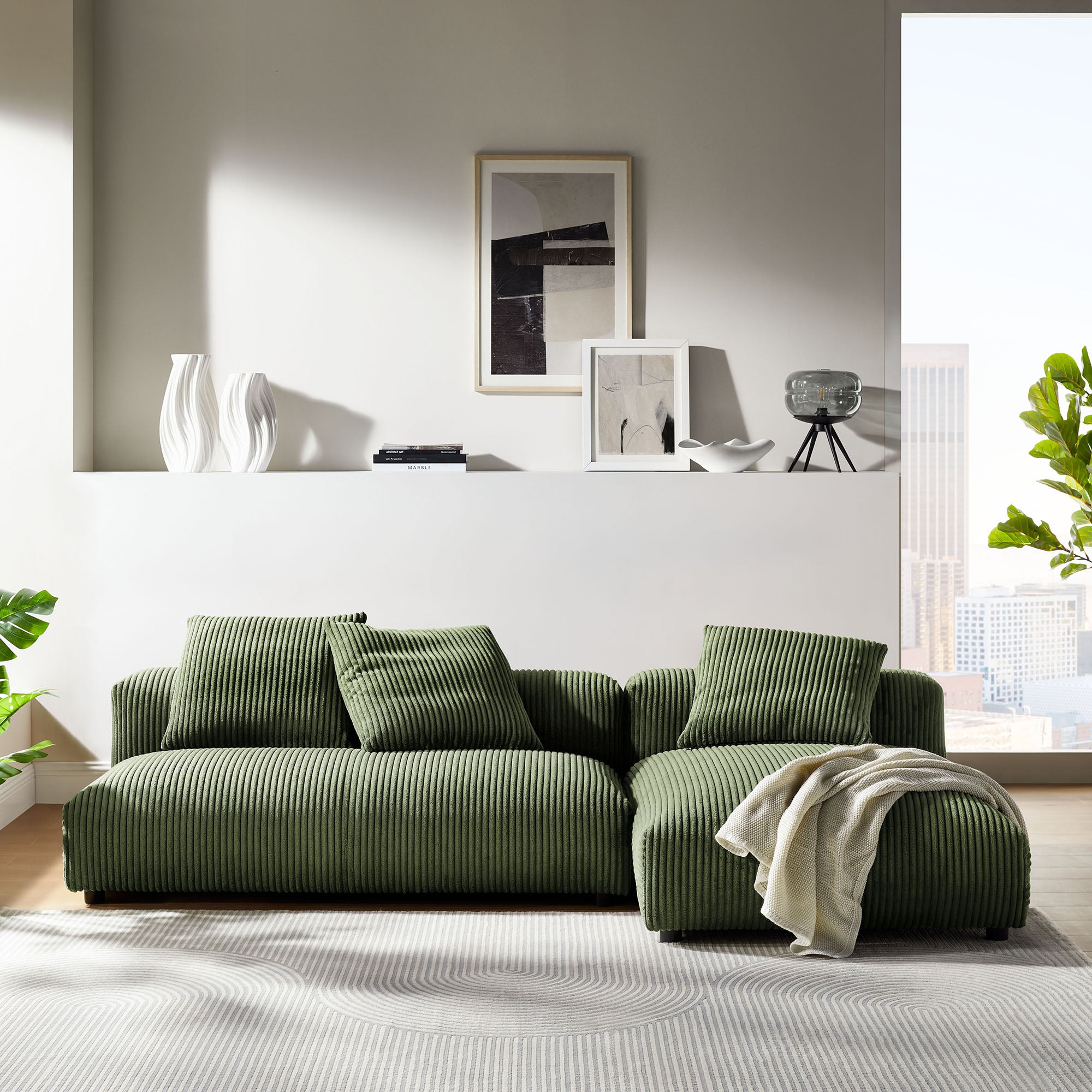 Solace 2-Piece Modular Corduroy Upholstered Sectional Sofa With Chaise - Fern