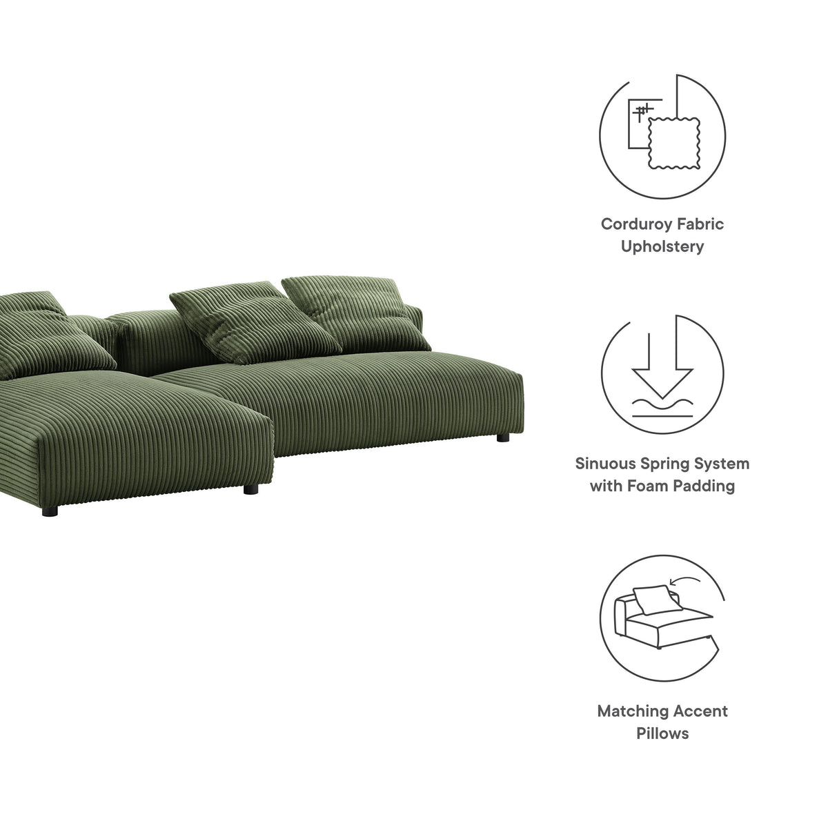 Solace 2-Piece Modular Corduroy Upholstered Sectional Sofa With Chaise - Fern